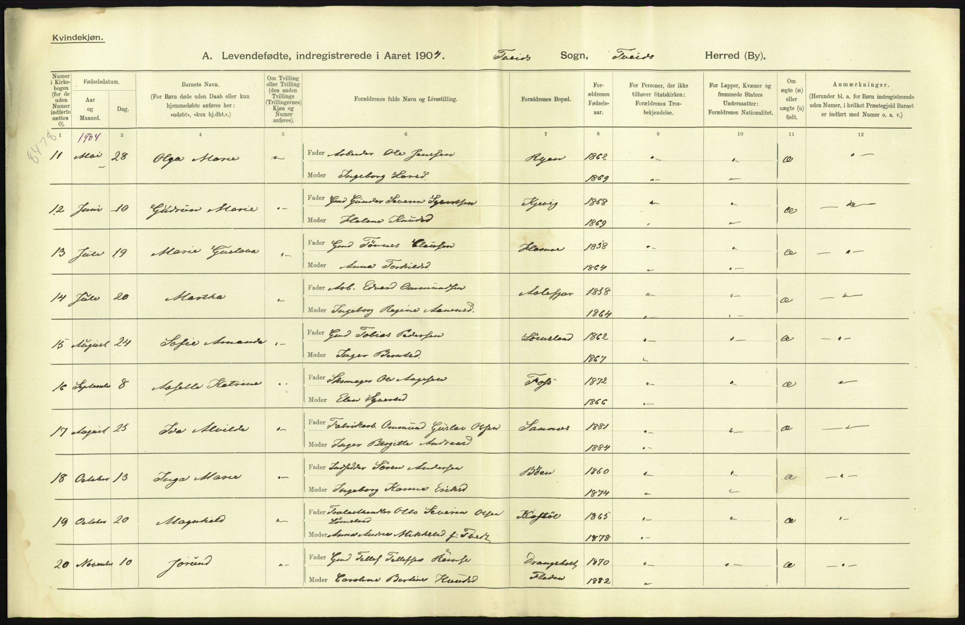 Statistisk sentralbyrå, Sosiodemografiske emner, Befolkning, AV/RA-S-2228/D/Df/Dfa/Dfab/L0011: Lister og Mandals amt: Fødte, gifte, døde, 1904, p. 233