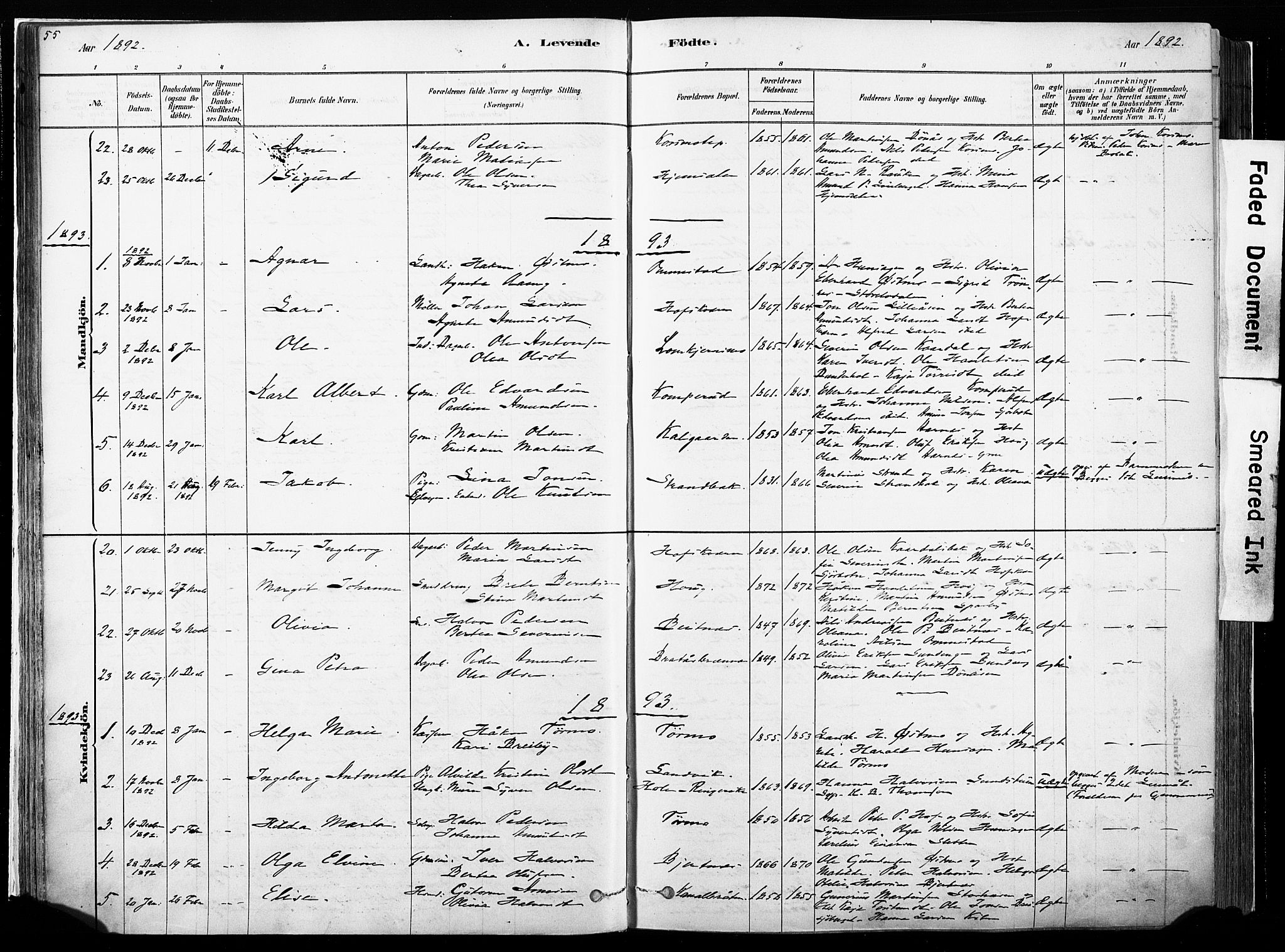 Hof prestekontor, SAH/PREST-038/H/Ha/Haa/L0010: Parish register (official) no. 10, 1878-1909, p. 55