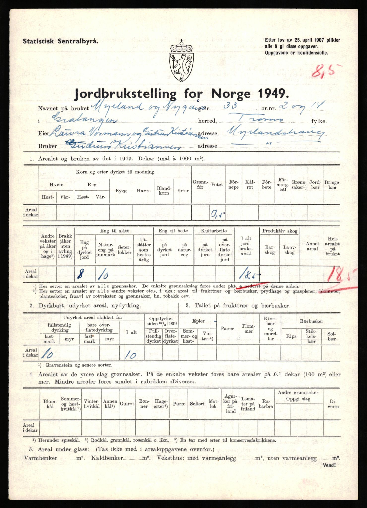 Statistisk sentralbyrå, Næringsøkonomiske emner, Jordbruk, skogbruk, jakt, fiske og fangst, AV/RA-S-2234/G/Gc/L0437: Troms: Gratangen og Lavangen, 1949, p. 685