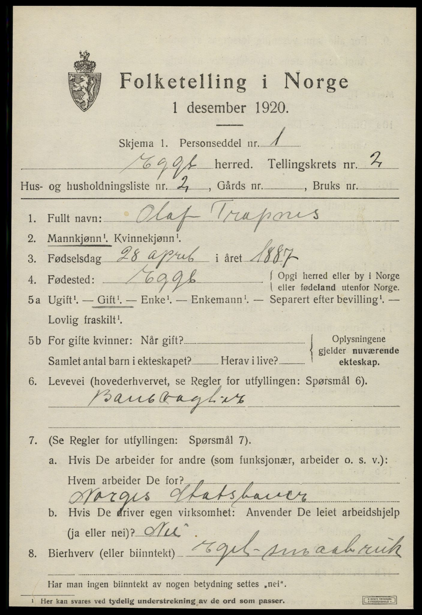 SAT, 1920 census for Egge, 1920, p. 1052