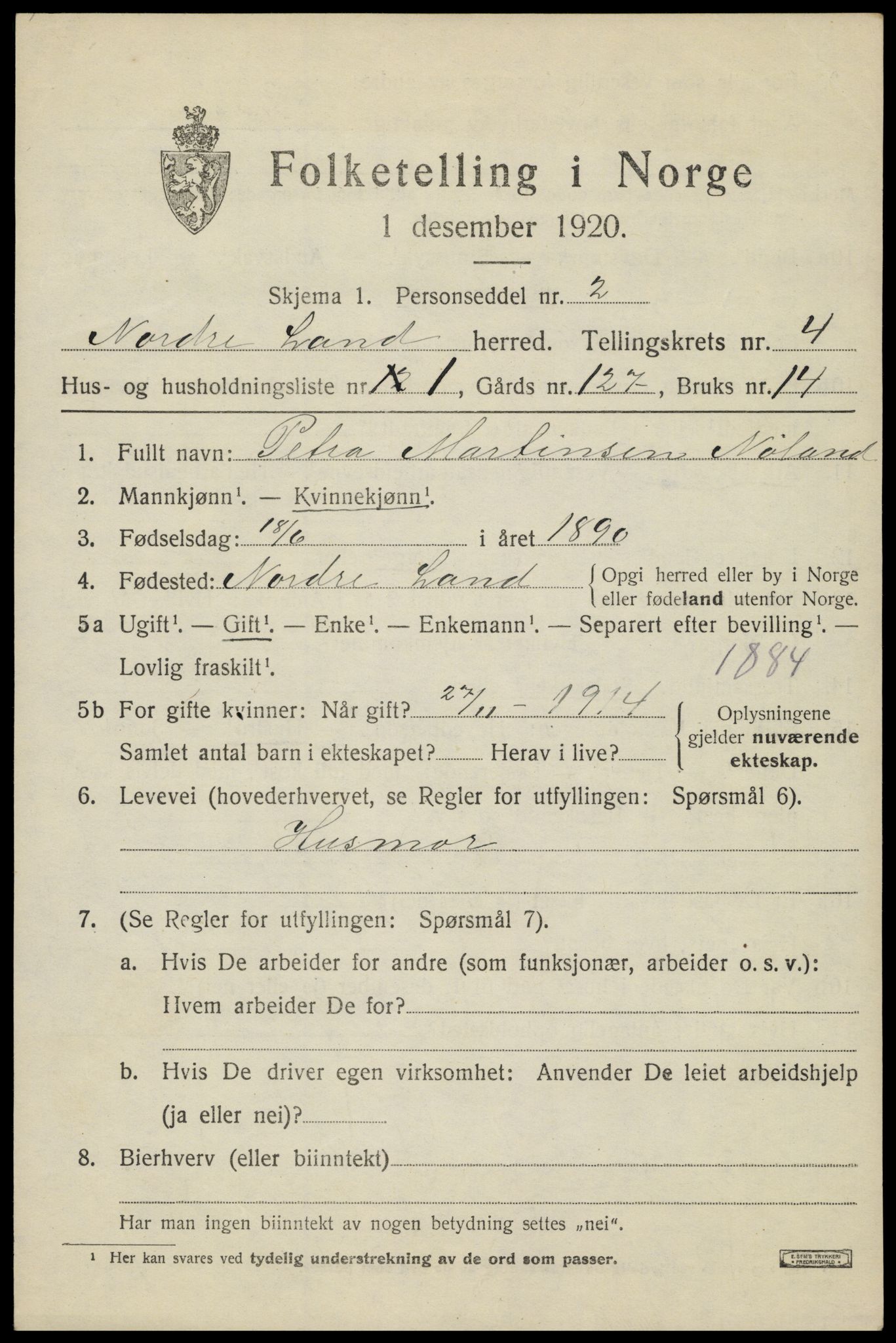 SAH, 1920 census for Nordre Land, 1920, p. 3256