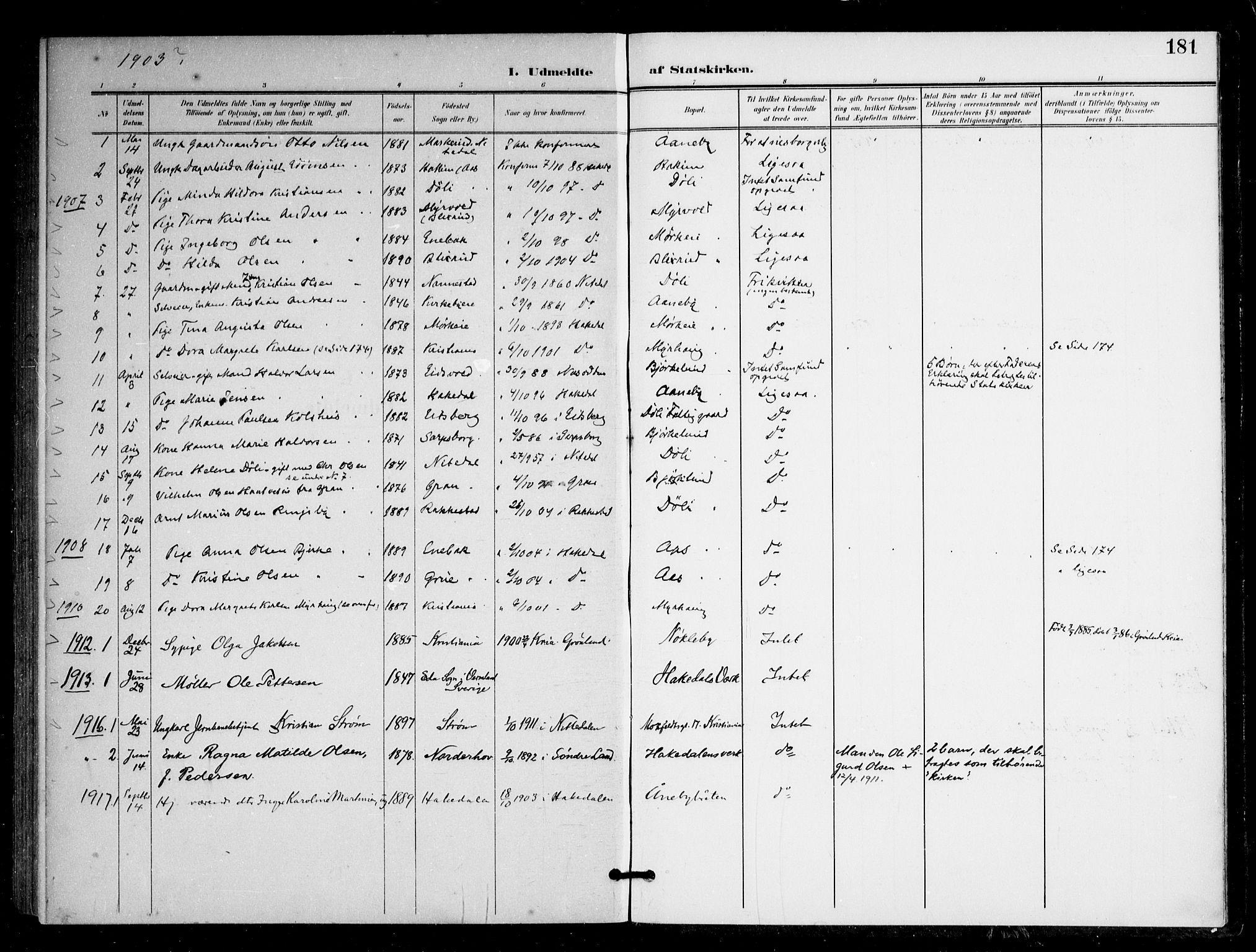 Nittedal prestekontor Kirkebøker, SAO/A-10365a/F/Fb/L0002: Parish register (official) no. II 2, 1902-1921, p. 181