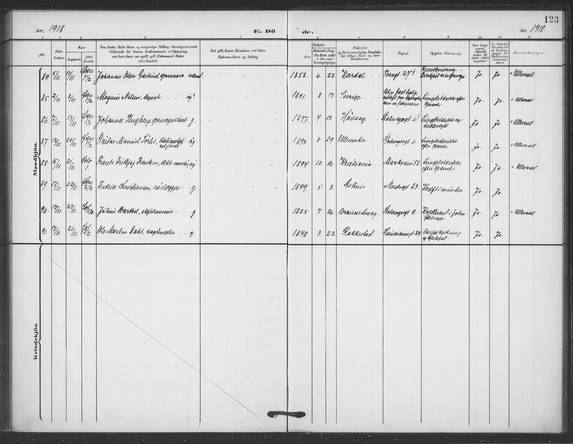 Jakob prestekontor Kirkebøker, AV/SAO-A-10850/F/Fa/L0011: Parish register (official) no. 11, 1906-1920, p. 123