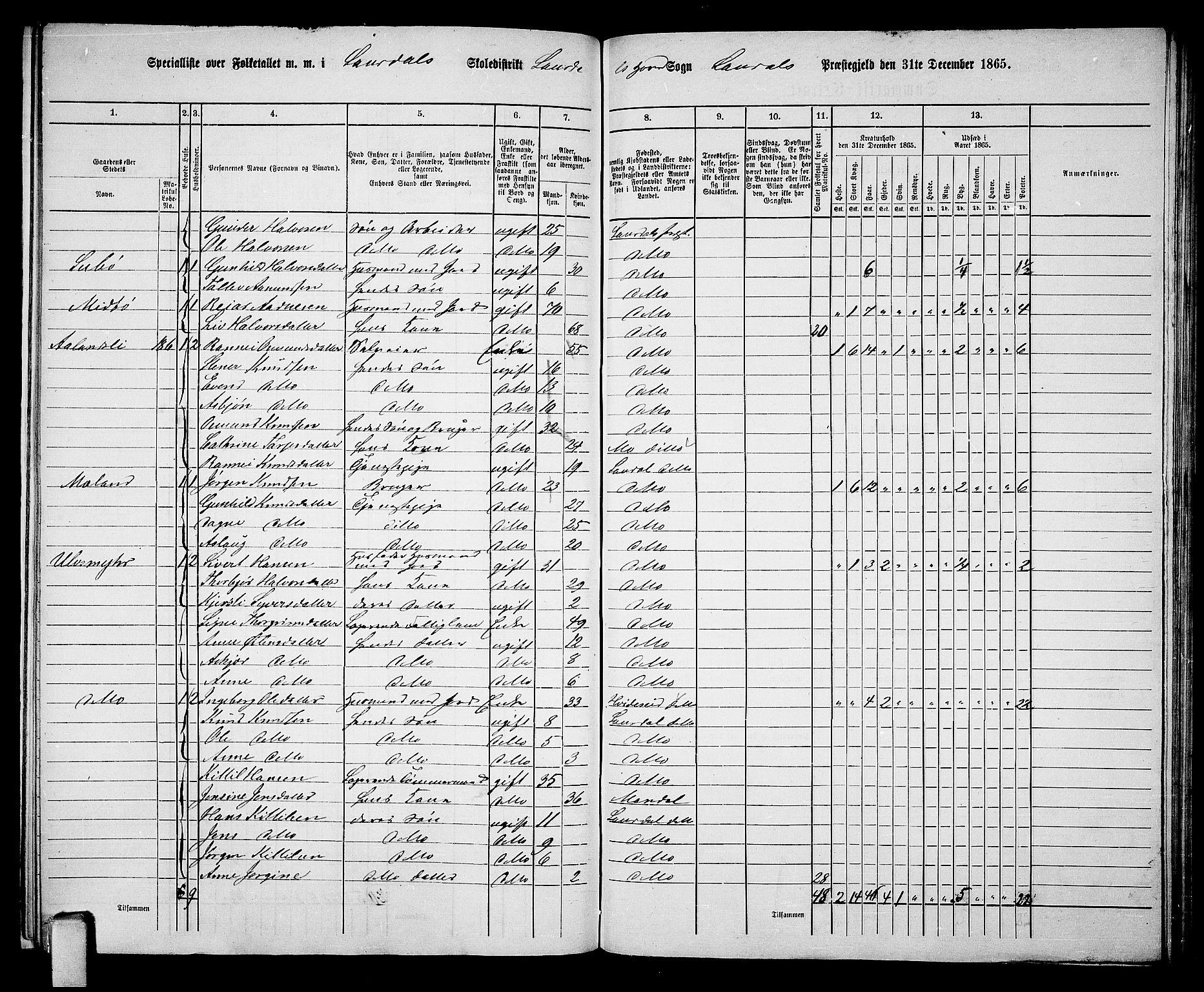 RA, 1865 census for Lårdal, 1865, p. 17