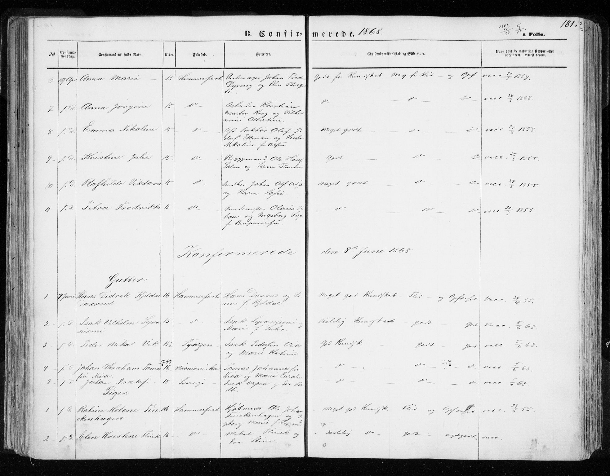 Hammerfest sokneprestkontor, AV/SATØ-S-1347/H/Ha/L0005.kirke: Parish register (official) no. 5, 1857-1869, p. 181