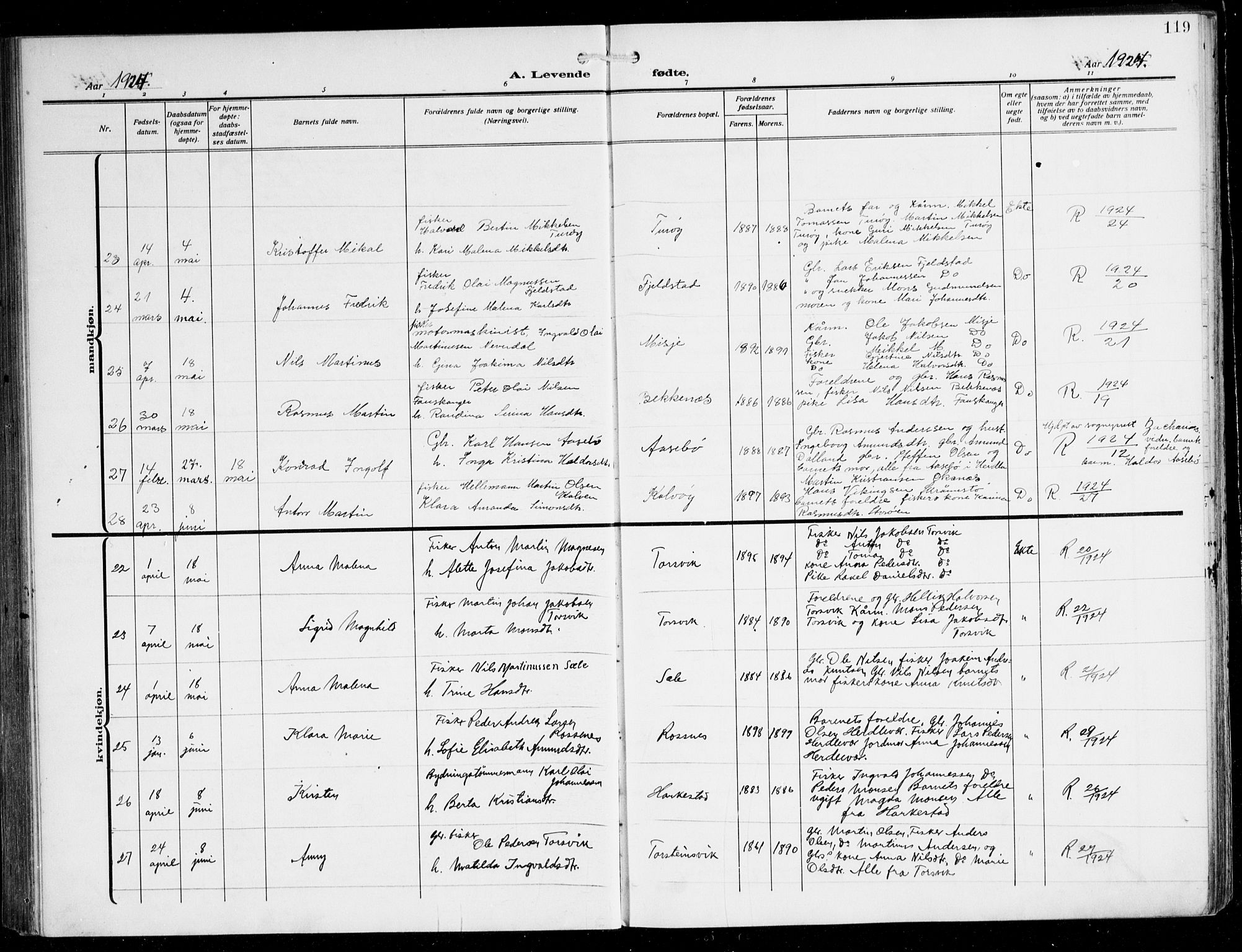 Herdla Sokneprestembete, AV/SAB-A-75701/H/Hab: Parish register (copy) no. C 2, 1913-1926, p. 119