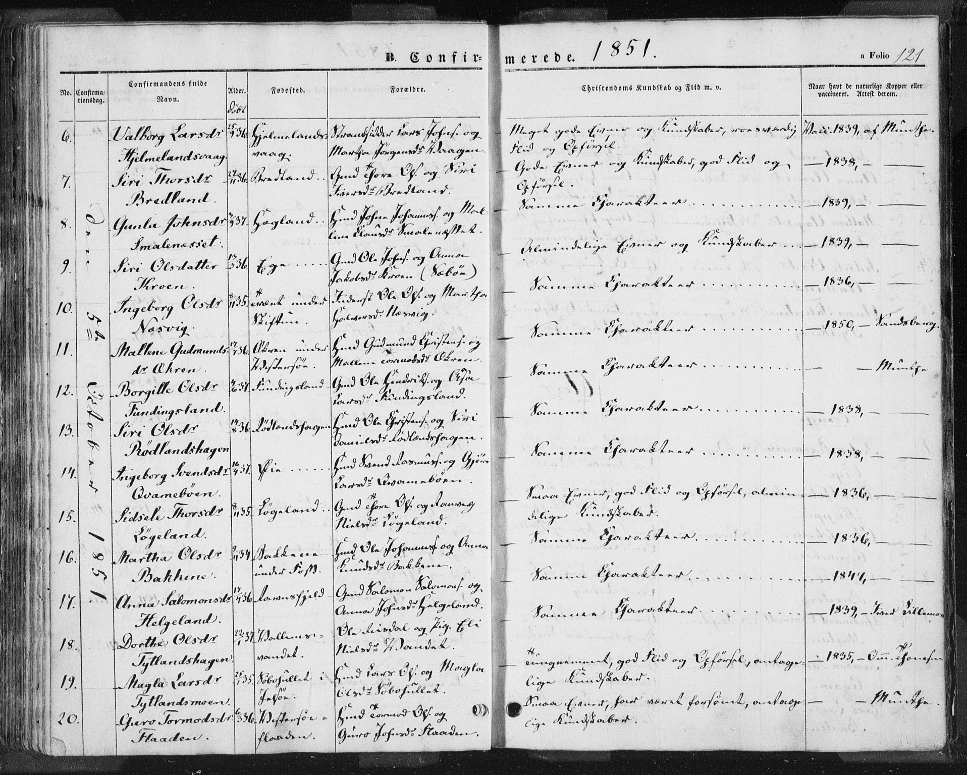 Hjelmeland sokneprestkontor, AV/SAST-A-101843/01/IV/L0009: Parish register (official) no. A 9, 1846-1860, p. 121