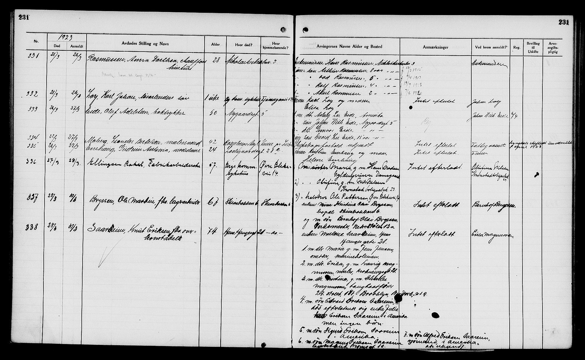 Byfogd og Byskriver i Bergen, AV/SAB-A-3401/06/06Na/L0014: Dødsfallsjournaler, 1921-1924, p. 231