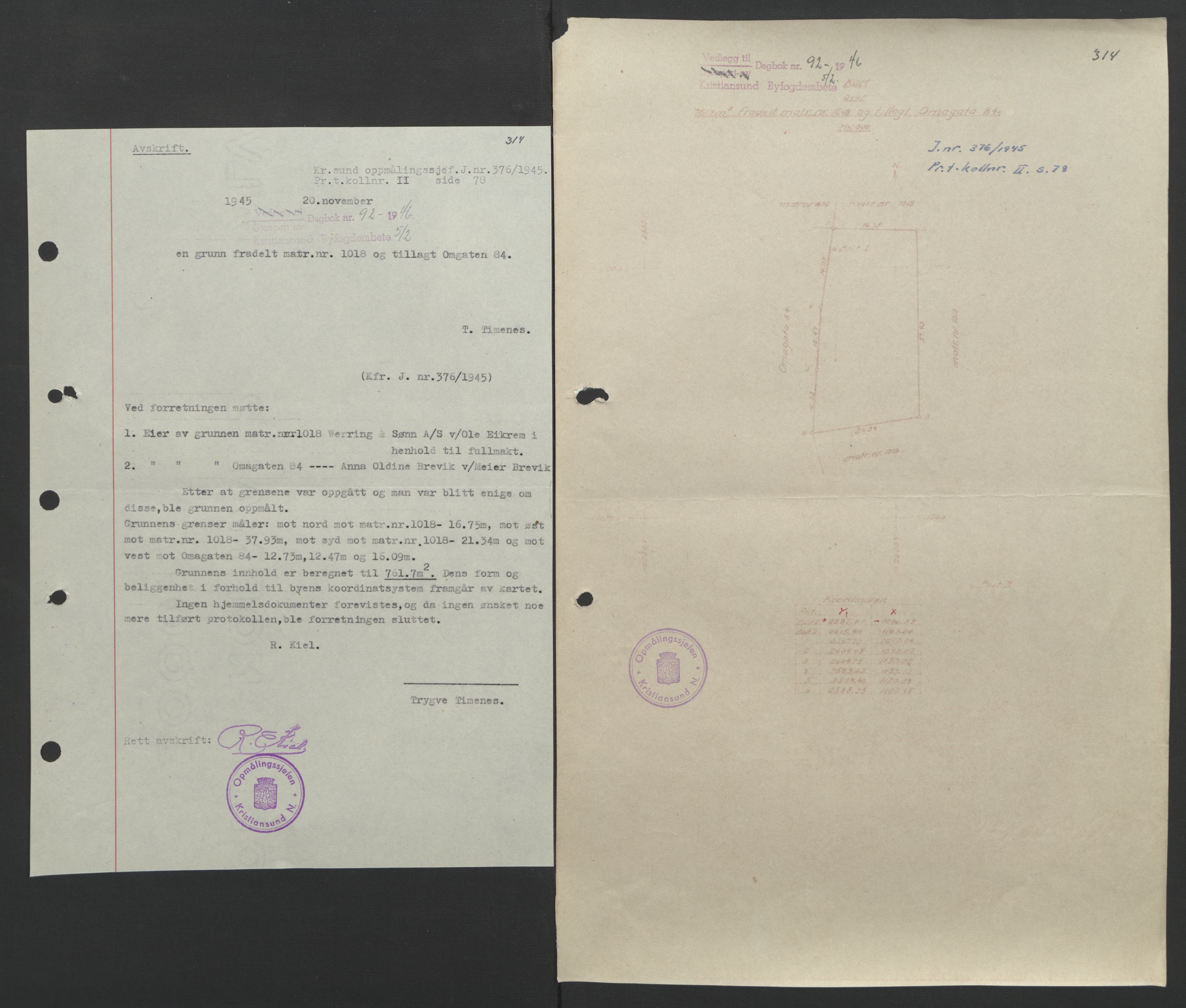 Kristiansund byfogd, AV/SAT-A-4587/A/27: Mortgage book no. 37, 1942-1945, Diary no: : 92/1946