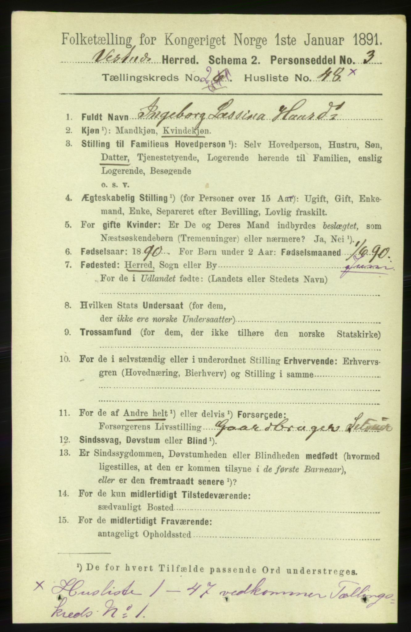 RA, 1891 census for 1535 Vestnes, 1891, p. 434