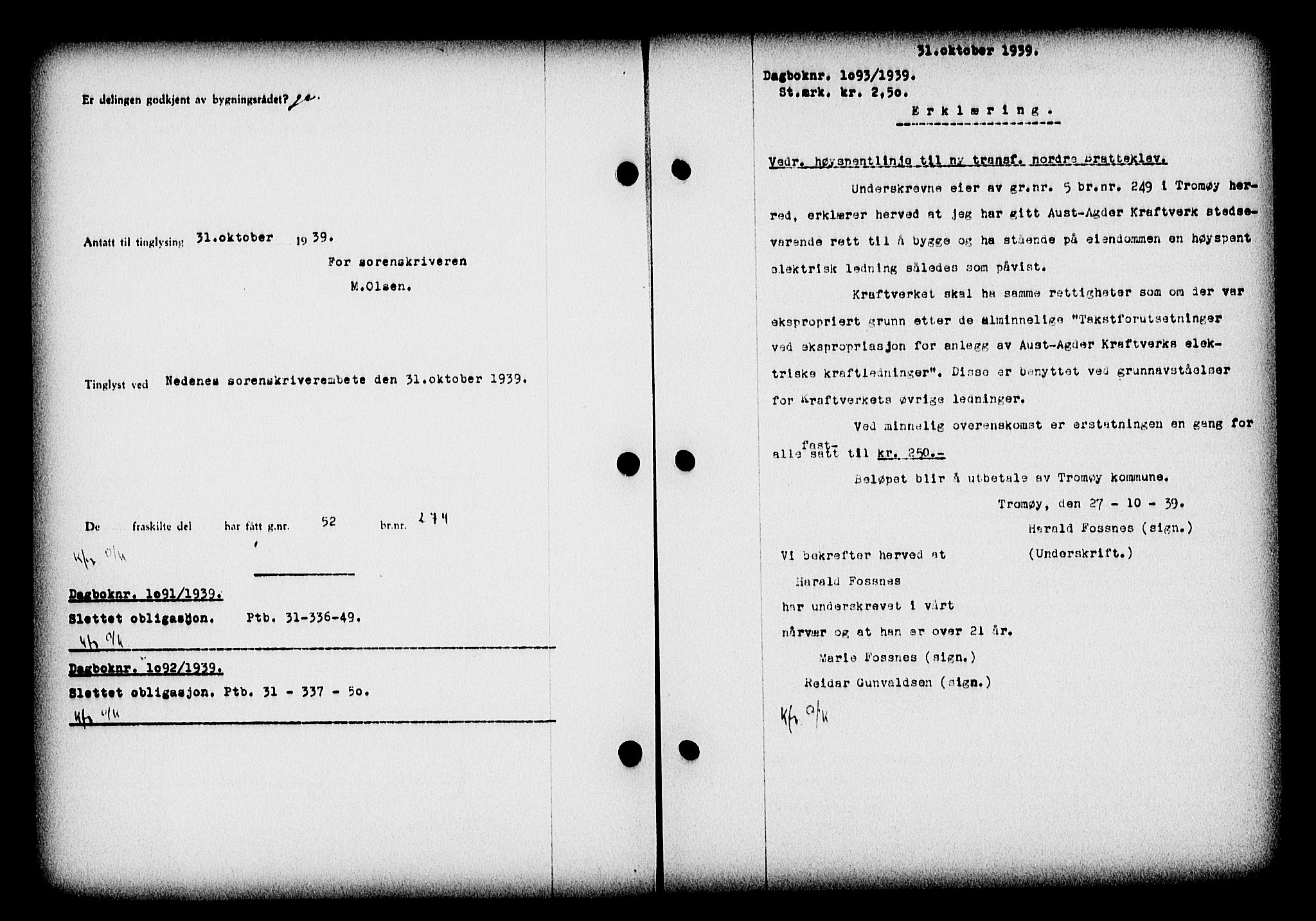 Nedenes sorenskriveri, SAK/1221-0006/G/Gb/Gba/L0047: Mortgage book no. A-I, 1939-1940, Diary no: : 1093/1939