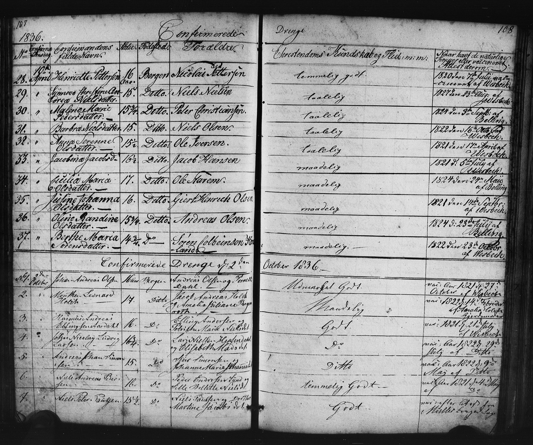 Domkirken sokneprestembete, AV/SAB-A-74801/H/Haa/L0063: Curate's parish register no. A 1, 1821-1848, p. 107-108