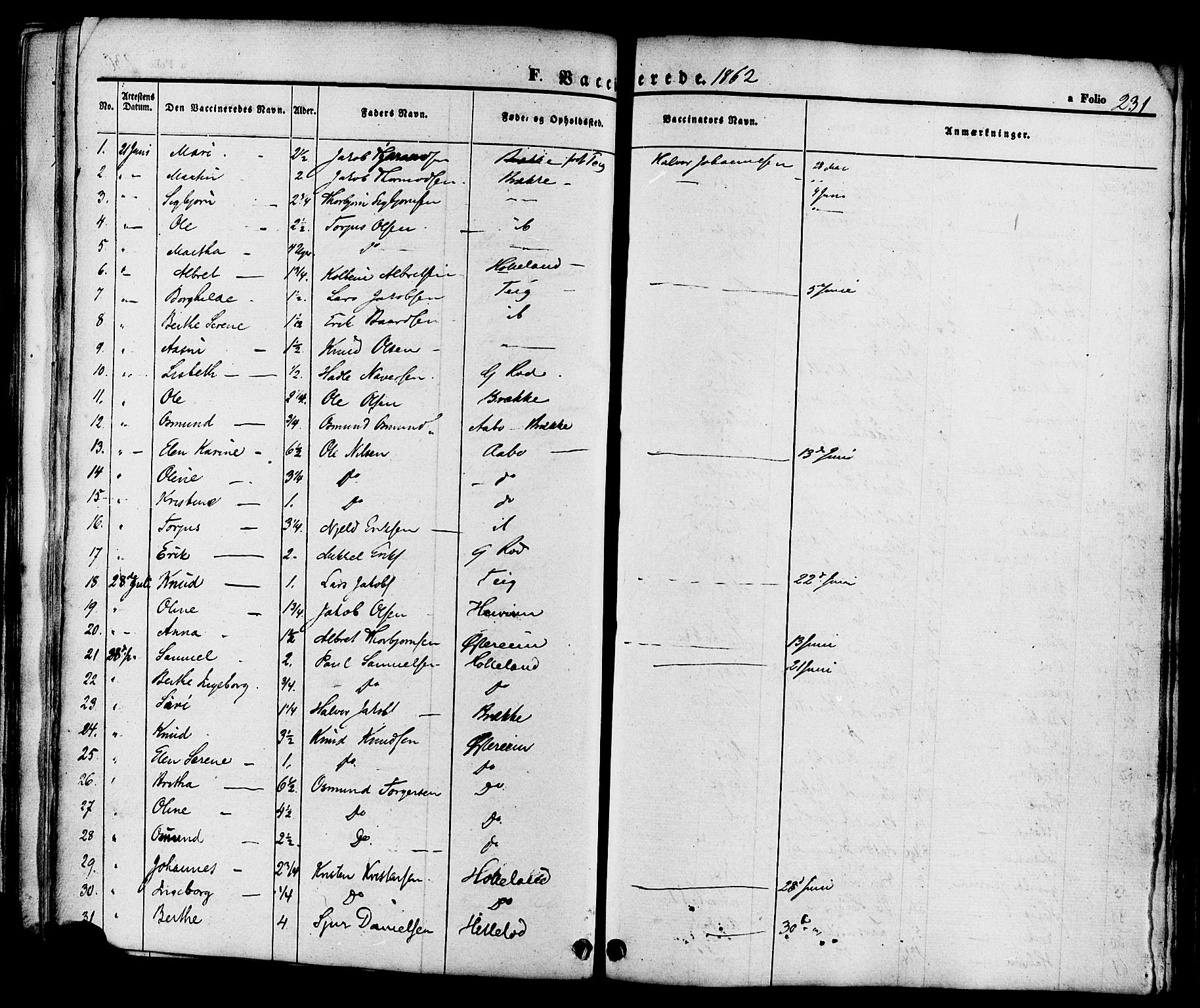 Sand sokneprestkontor, AV/SAST-A-101848/01/III/L0004: Parish register (official) no. A 4, 1859-1880, p. 231