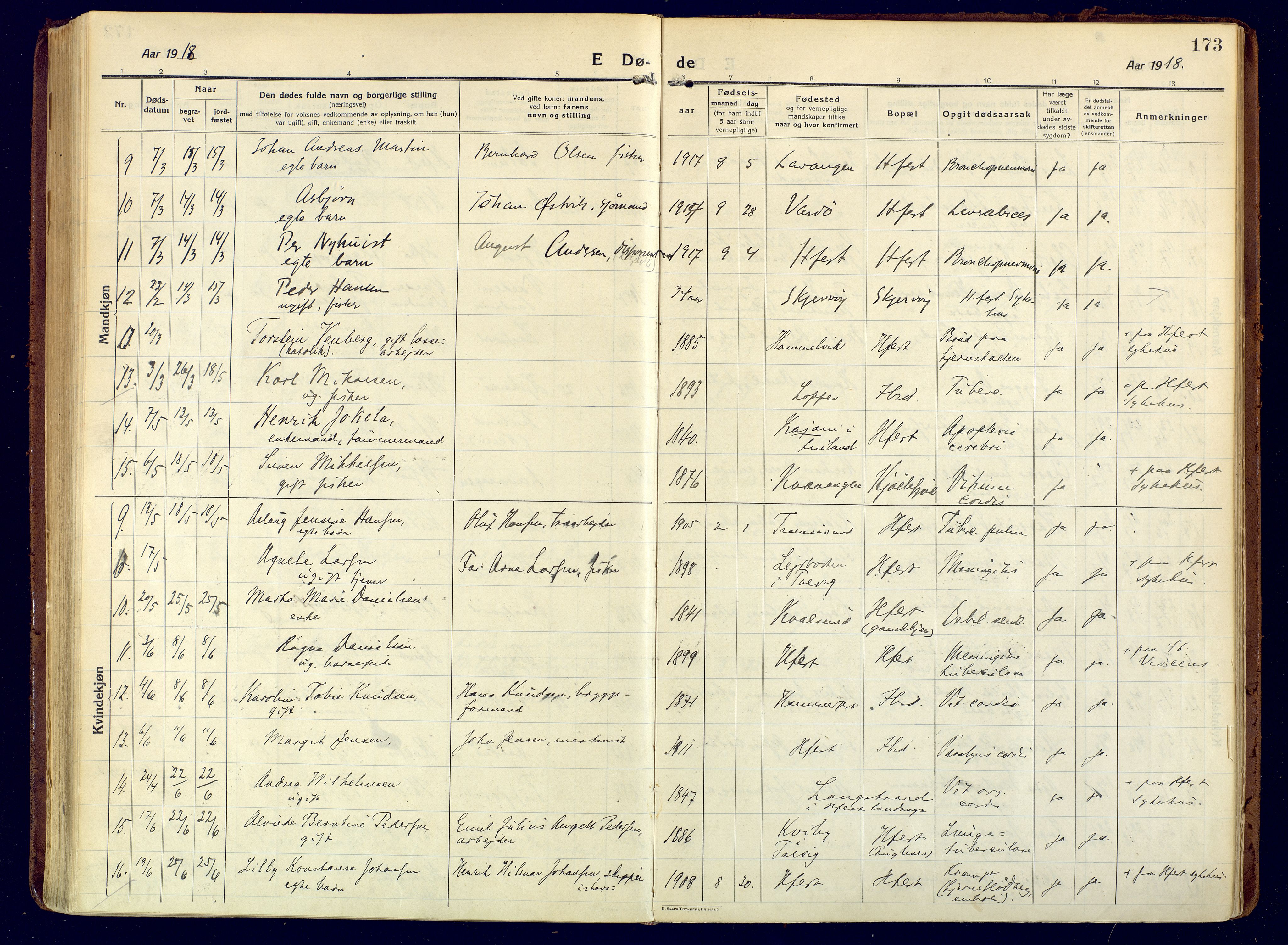 Hammerfest sokneprestkontor, SATØ/S-1347/H/Ha/L0015.kirke: Parish register (official) no. 15, 1916-1923, p. 173