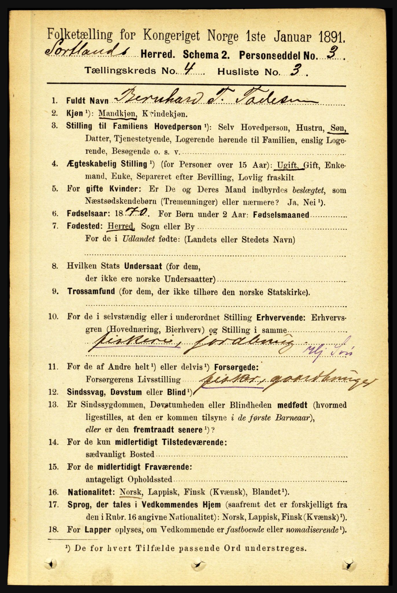 RA, 1891 census for 1870 Sortland, 1891, p. 2733