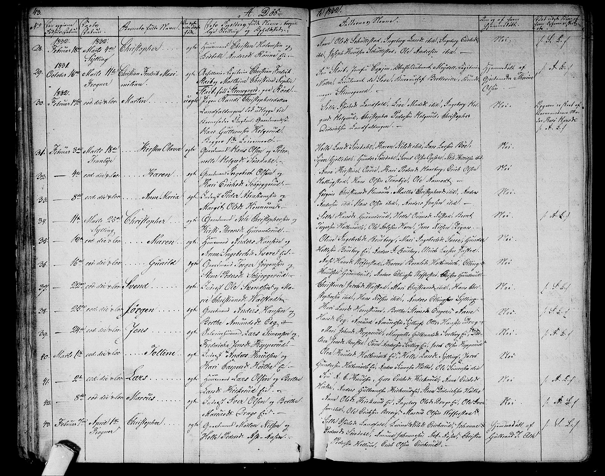 Lier kirkebøker, SAKO/A-230/F/Fa/L0010: Parish register (official) no. I 10, 1827-1843, p. 43