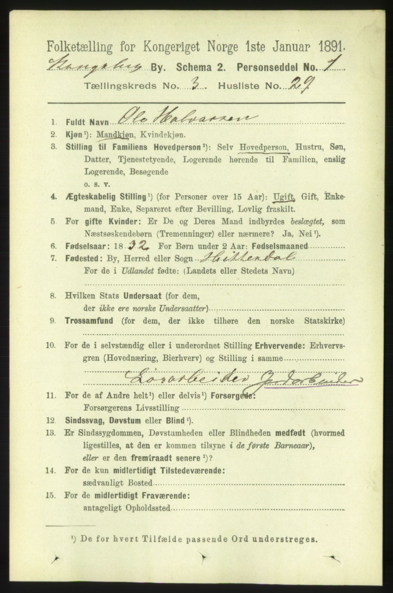 RA, 1891 census for 0604 Kongsberg, 1891, p. 3023