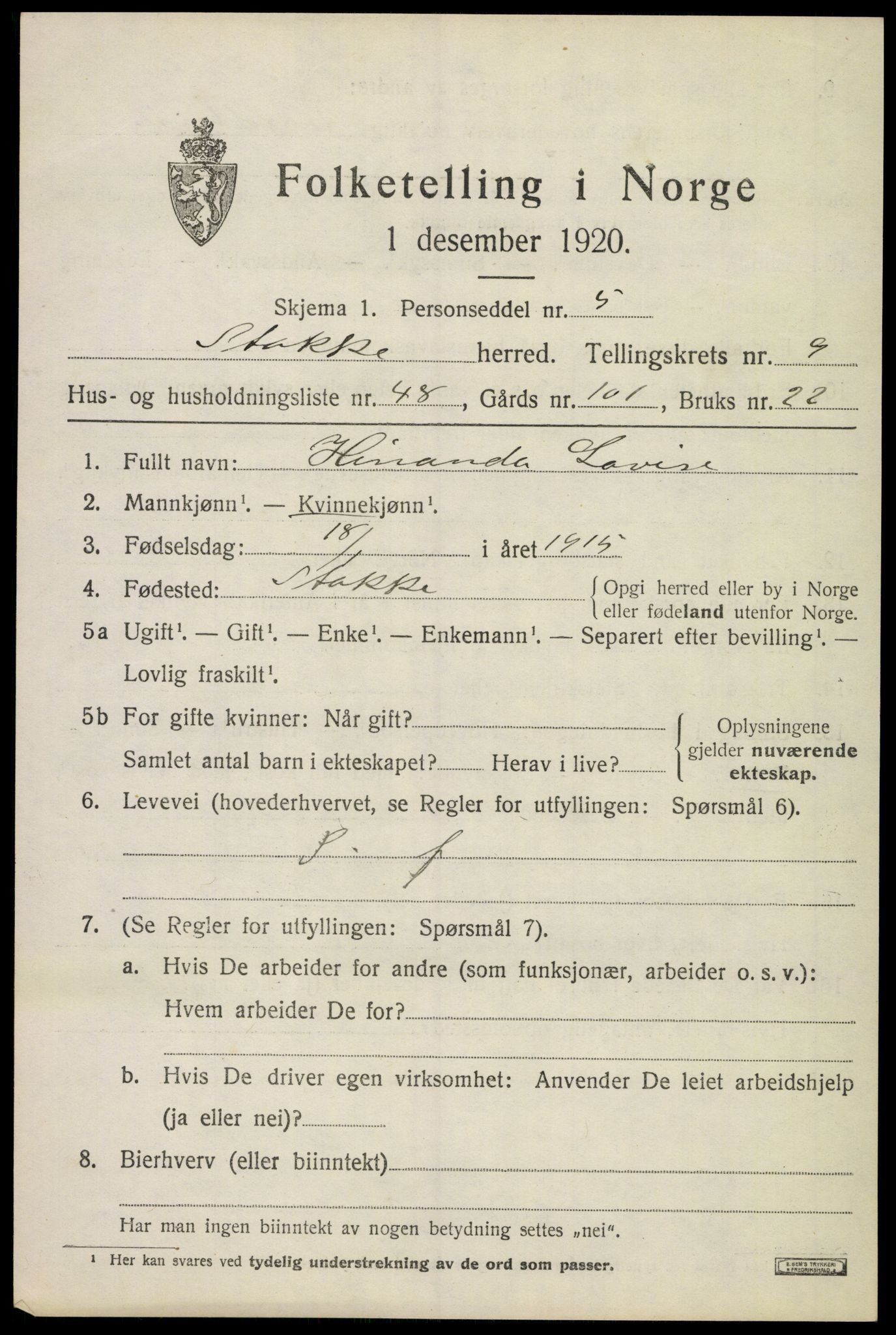 SAKO, 1920 census for Stokke, 1920, p. 10940