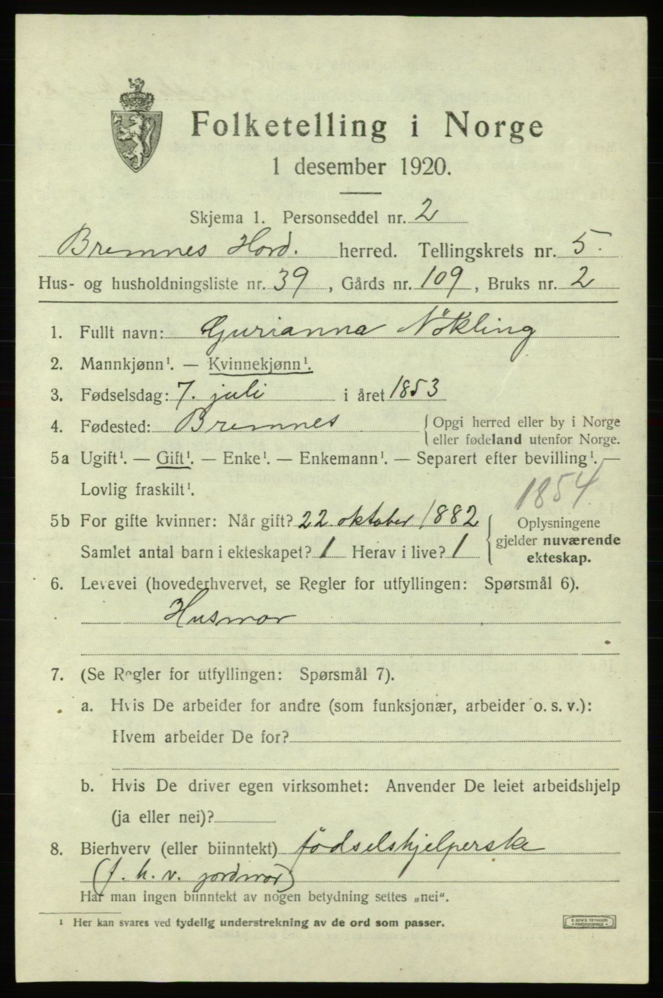 SAB, 1920 census for Bremnes, 1920, p. 3020