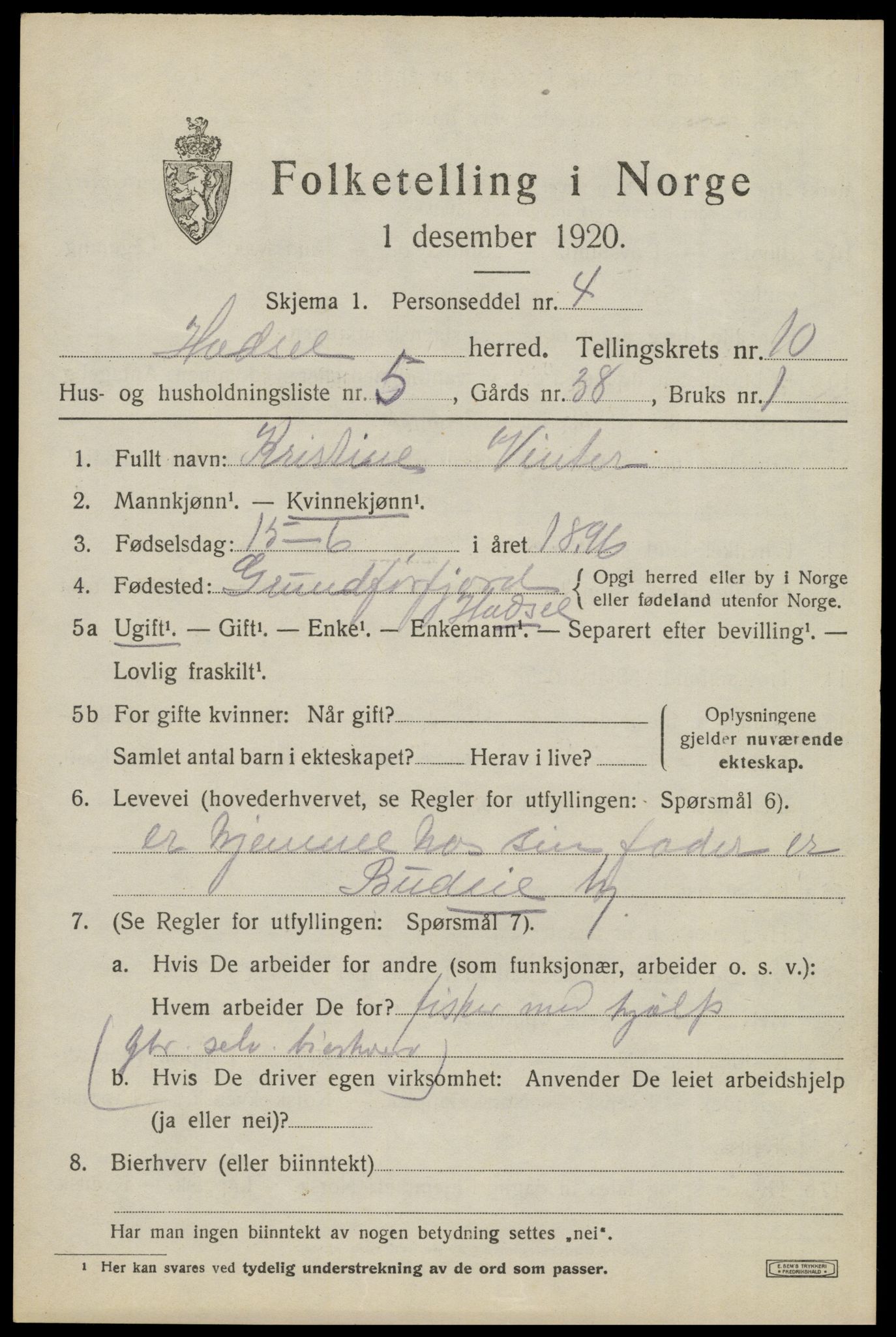 SAT, 1920 census for Hadsel, 1920, p. 8176