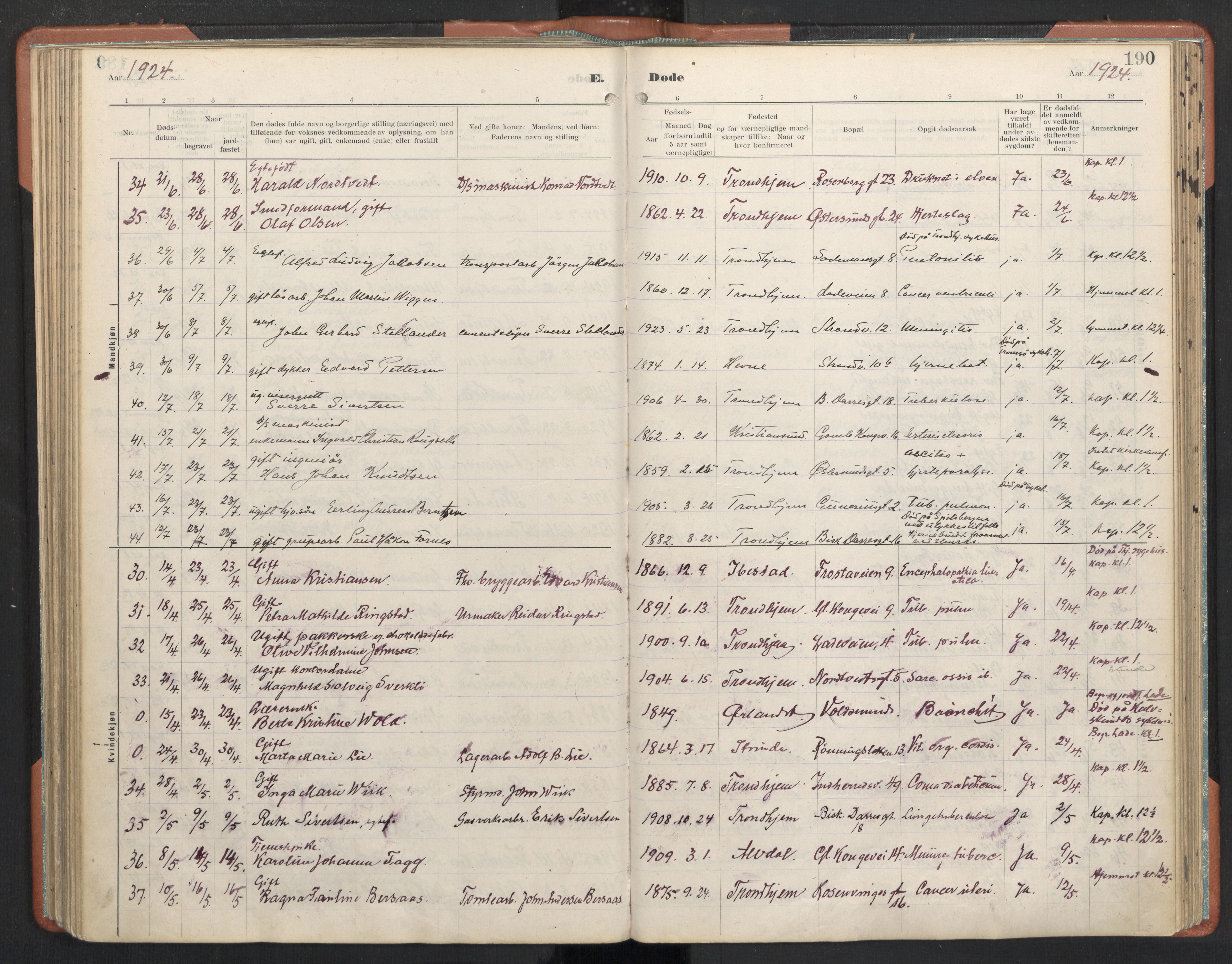 Ministerialprotokoller, klokkerbøker og fødselsregistre - Sør-Trøndelag, AV/SAT-A-1456/605/L0245: Parish register (official) no. 605A07, 1916-1938, p. 190