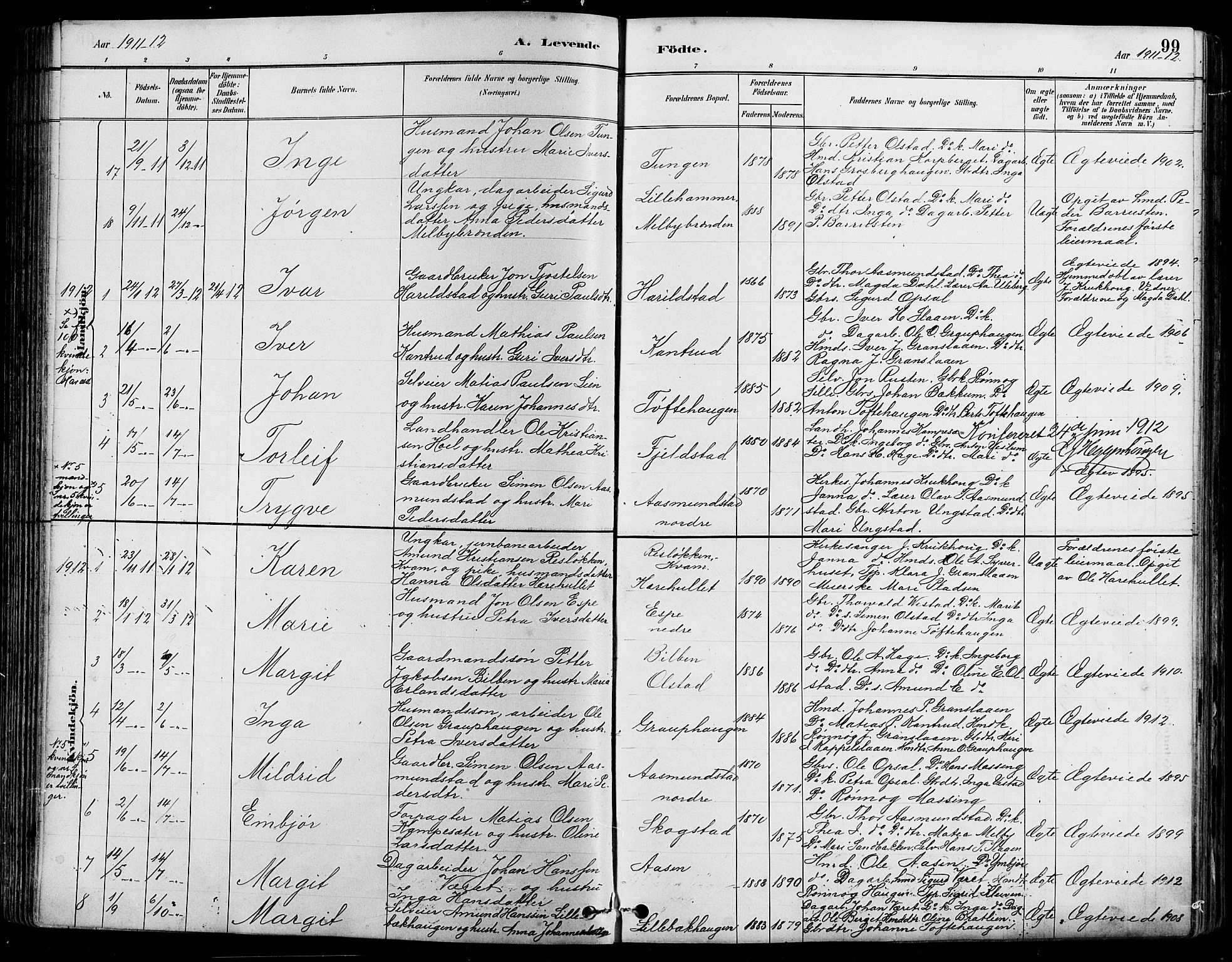 Nord-Fron prestekontor, AV/SAH-PREST-080/H/Ha/Hab/L0005: Parish register (copy) no. 5, 1884-1914, p. 99