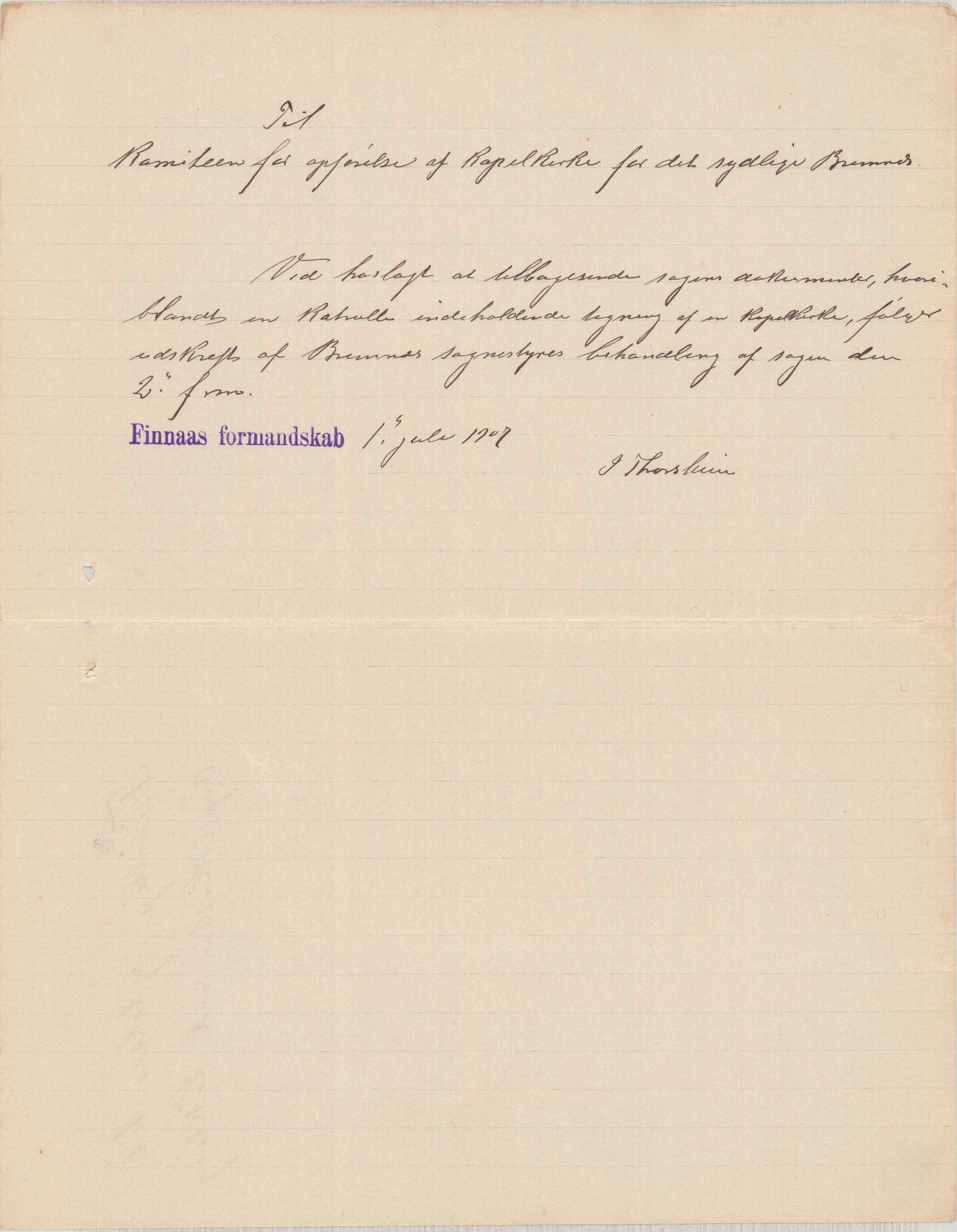 Finnaas kommune. Formannskapet, IKAH/1218a-021/D/Da/L0001/0006: Korrespondanse / saker / Kapellkyrkje på Løkling, 1906-1910, p. 6