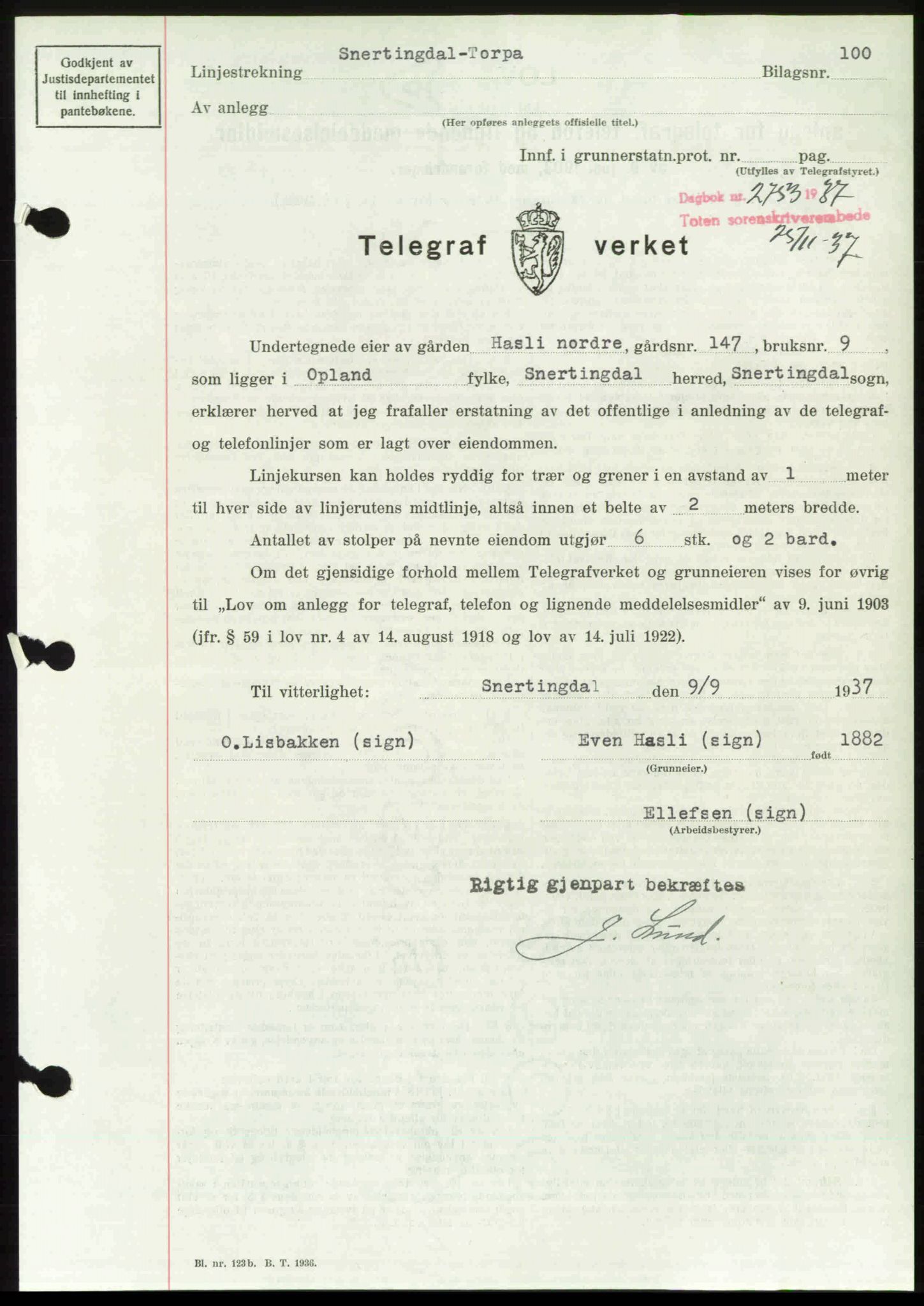 Toten tingrett, SAH/TING-006/H/Hb/Hbc/L0003: Mortgage book no. Hbc-03, 1937-1938, Diary no: : 2753/1937