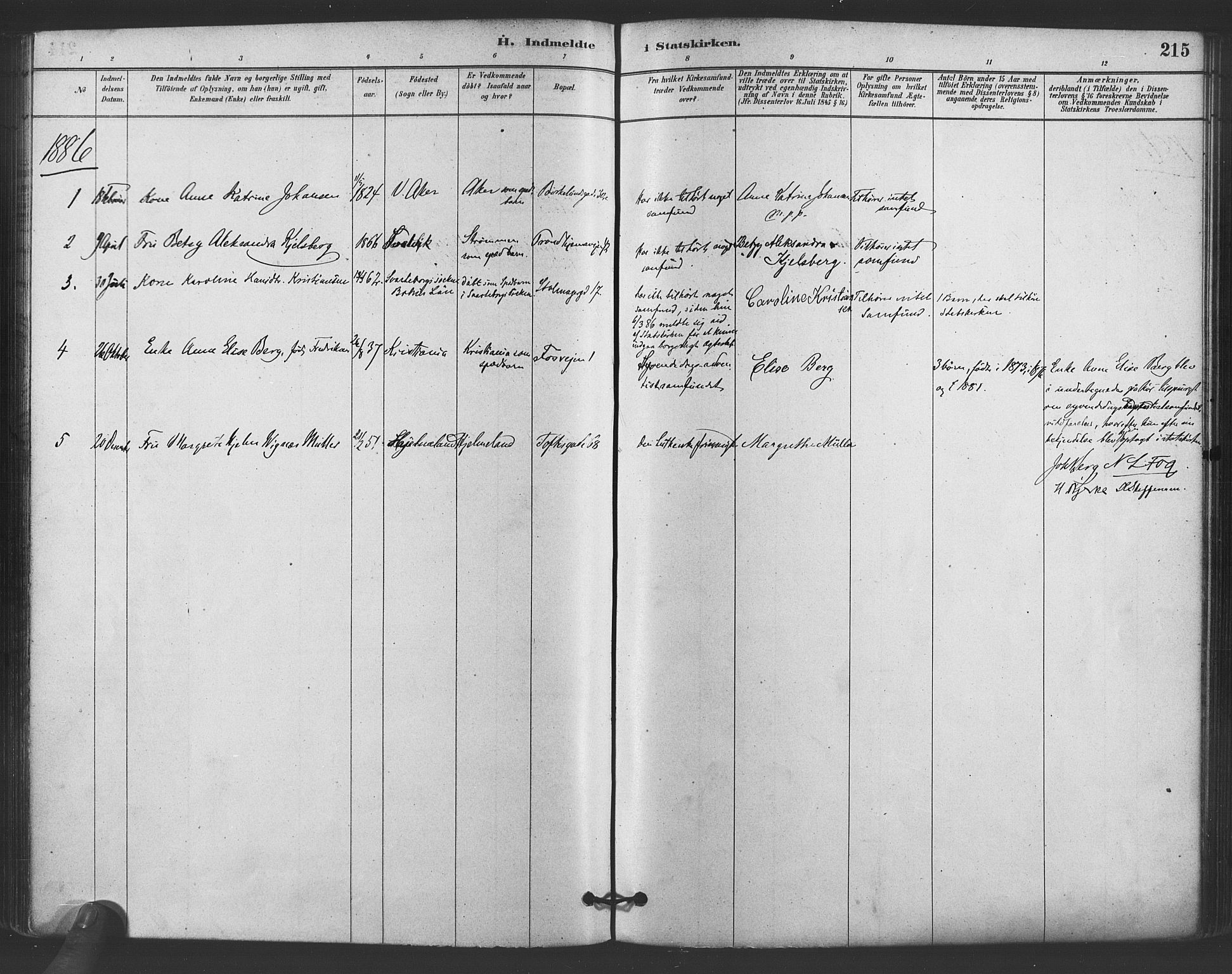 Paulus prestekontor Kirkebøker, SAO/A-10871/F/Fa/L0005: Parish register (official) no. 5, 1879-1889, p. 215