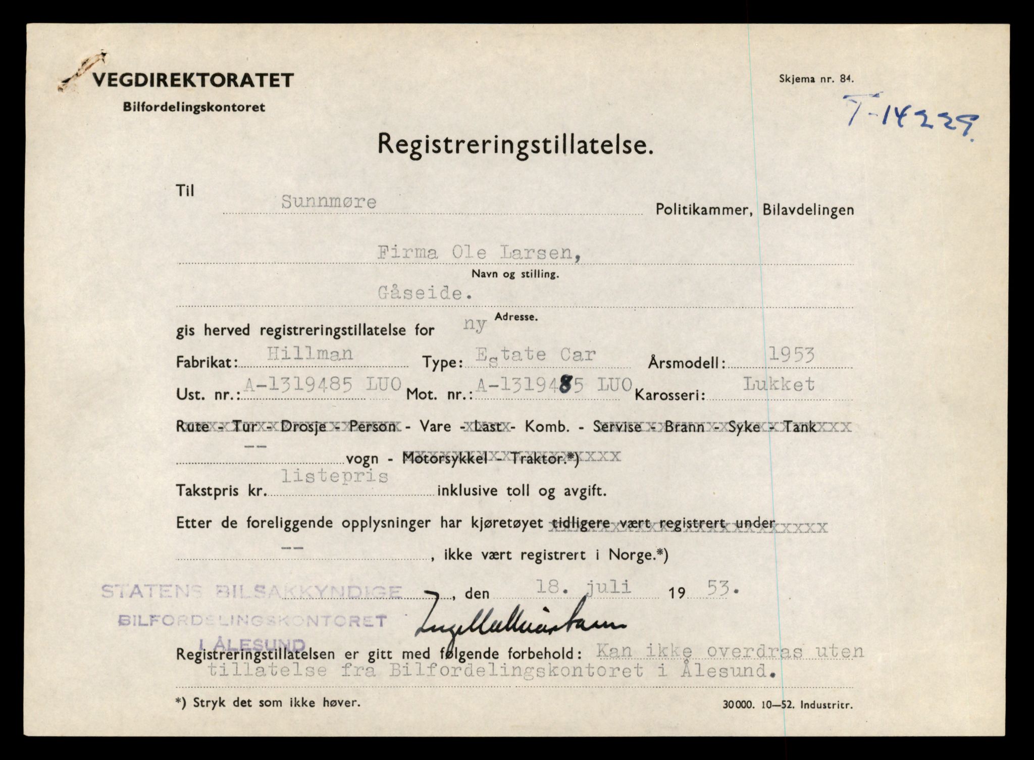 Møre og Romsdal vegkontor - Ålesund trafikkstasjon, AV/SAT-A-4099/F/Fe/L0044: Registreringskort for kjøretøy T 14205 - T 14319, 1927-1998, p. 722