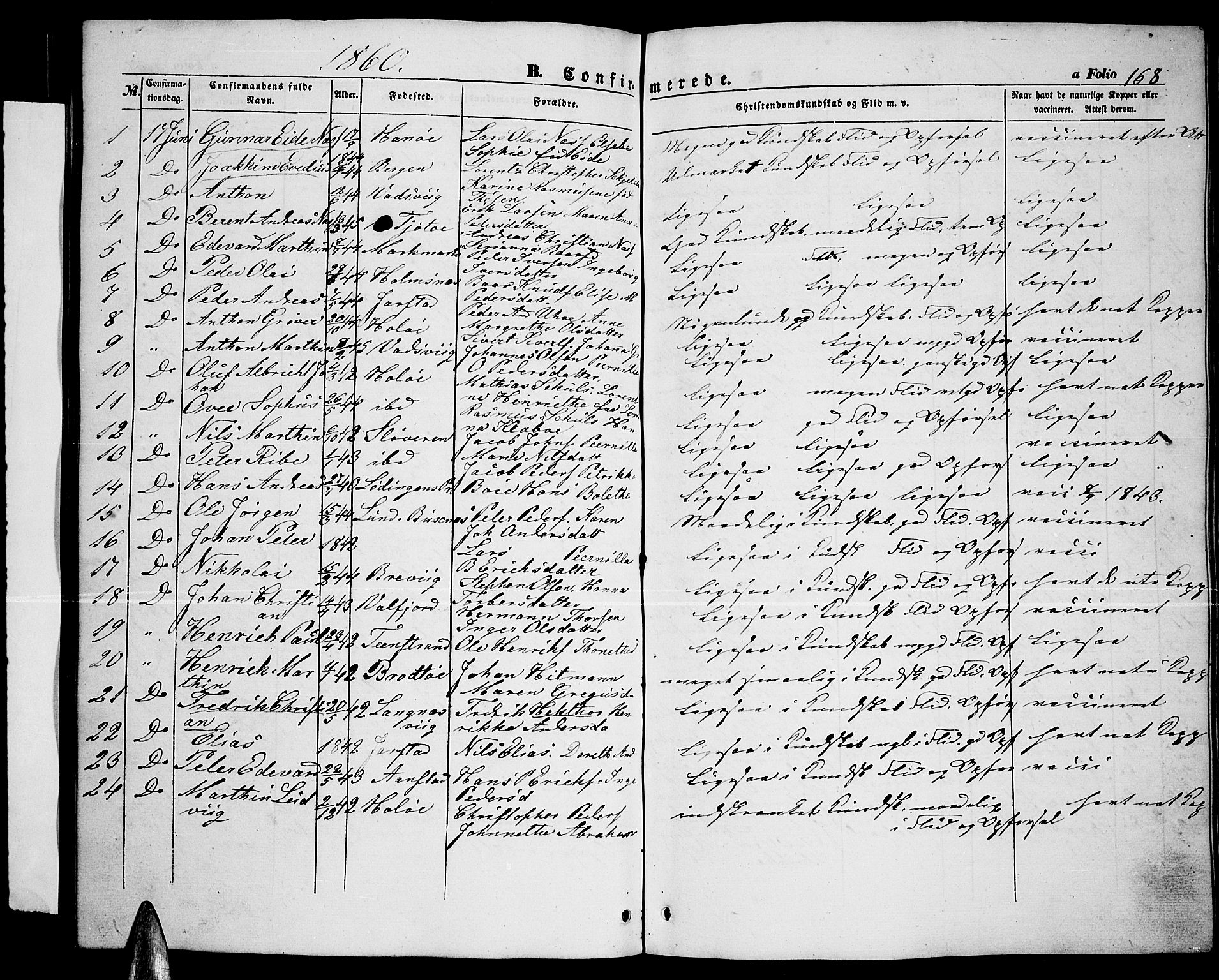 Ministerialprotokoller, klokkerbøker og fødselsregistre - Nordland, AV/SAT-A-1459/888/L1265: Parish register (copy) no. 888C03, 1850-1863, p. 168