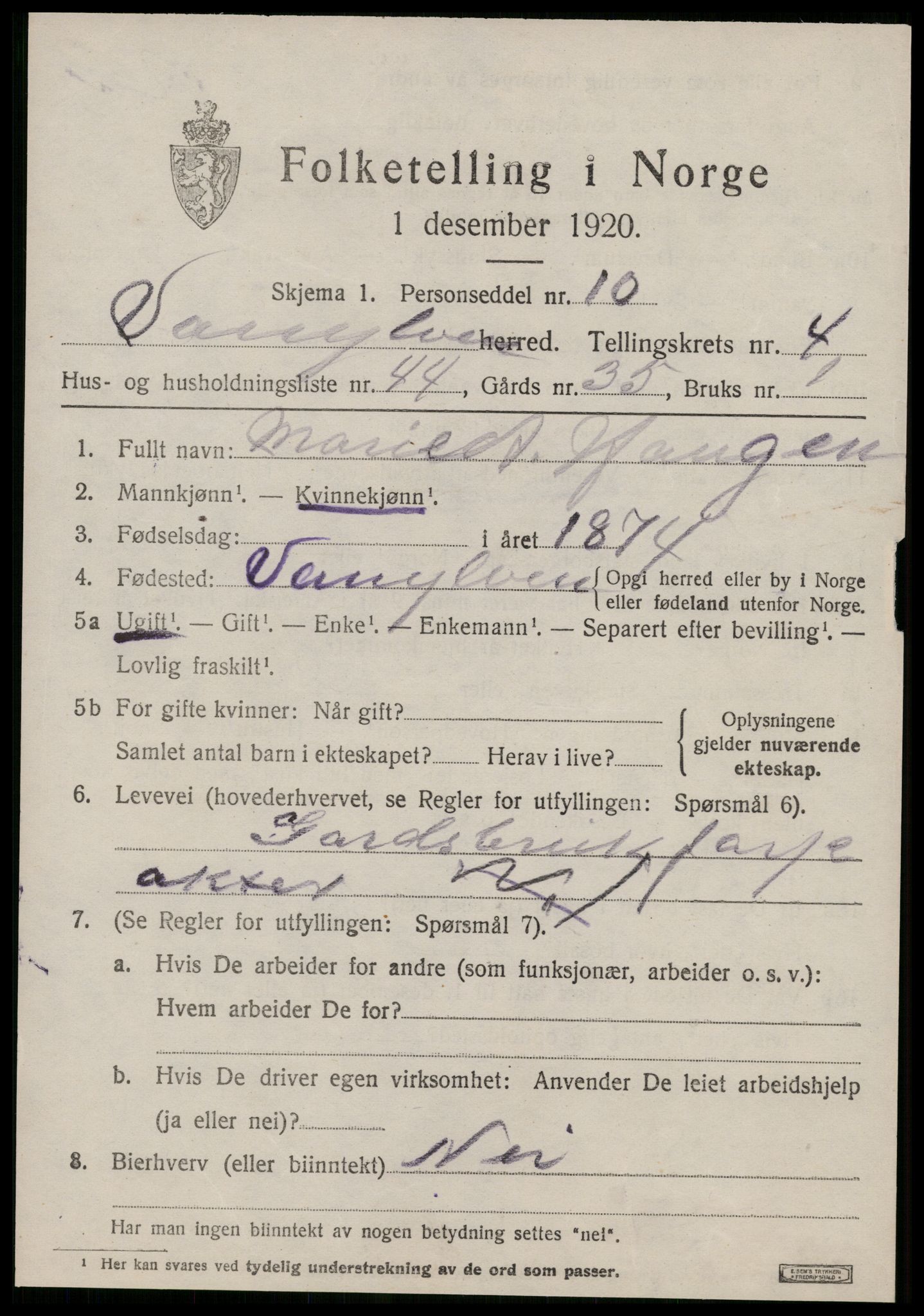 SAT, 1920 census for Vanylven, 1920, p. 2811