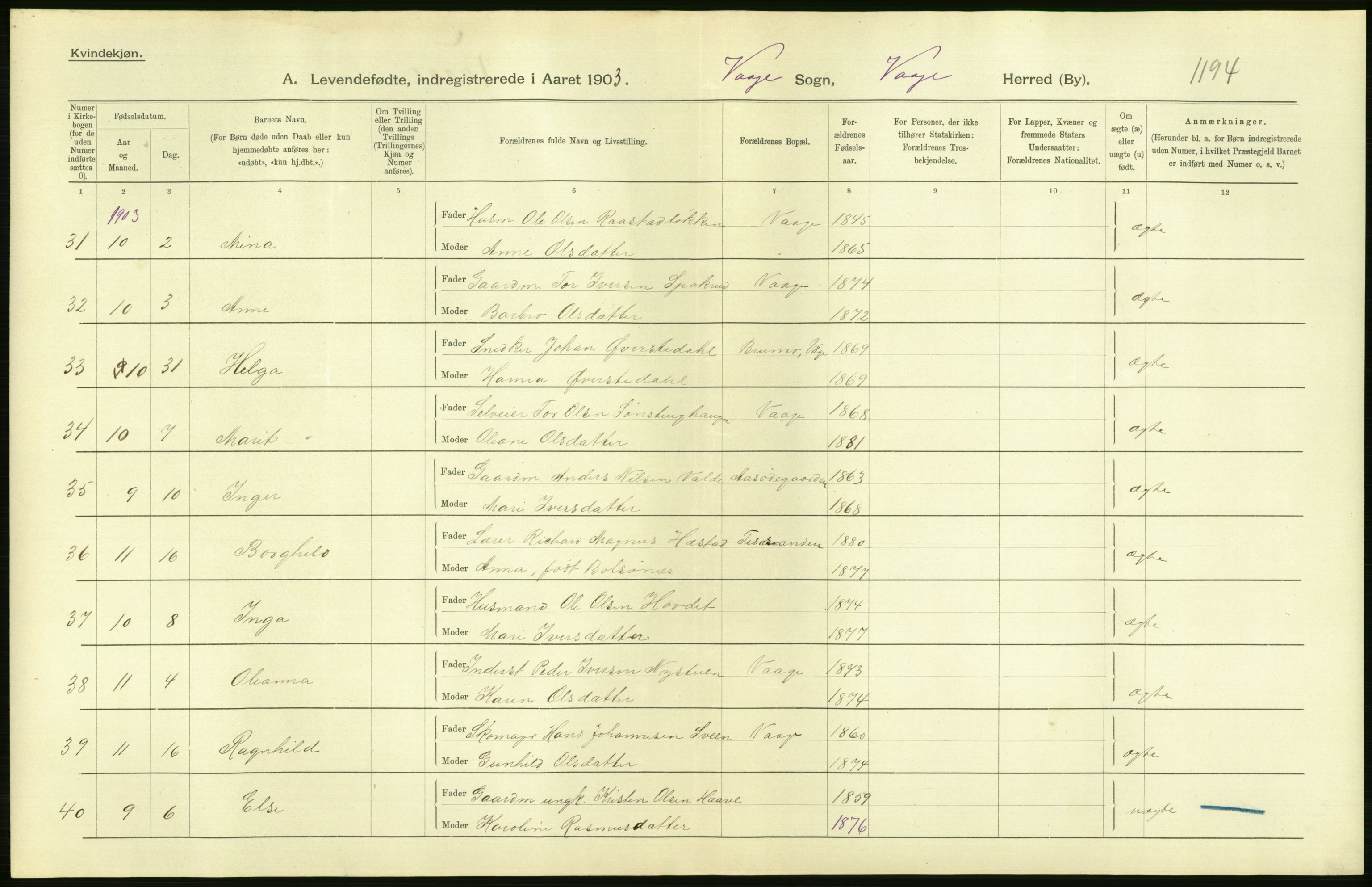 Statistisk sentralbyrå, Sosiodemografiske emner, Befolkning, AV/RA-S-2228/D/Df/Dfa/Dfaa/L0006: Kristians amt: Fødte, gifte, døde, 1903, p. 40