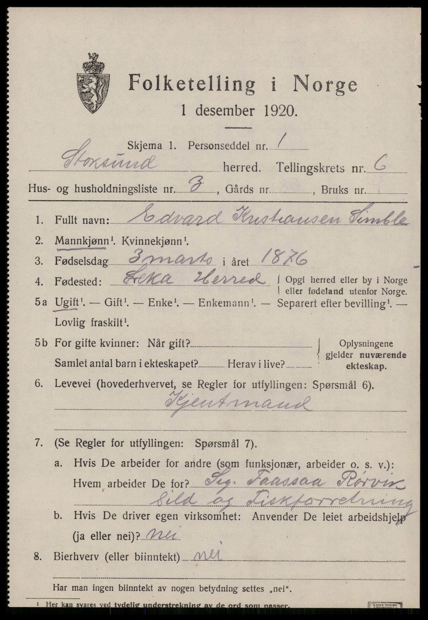 SAT, 1920 census for Stoksund, 1920, p. 3430