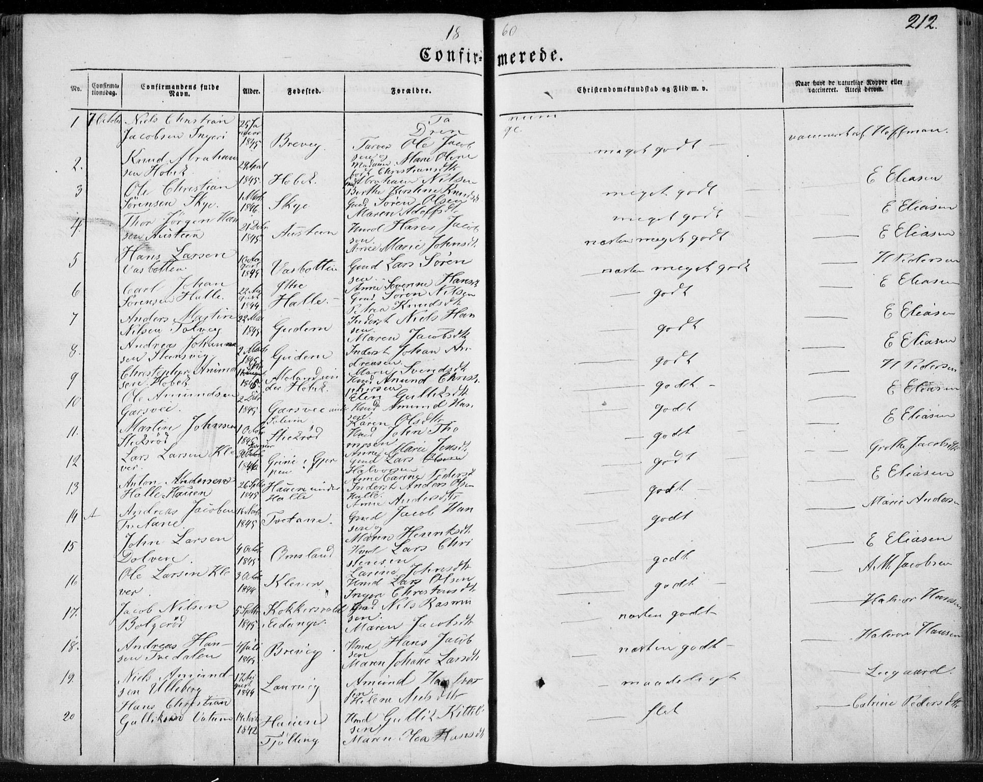 Brunlanes kirkebøker, SAKO/A-342/F/Fa/L0004: Parish register (official) no. I 4, 1846-1862, p. 212