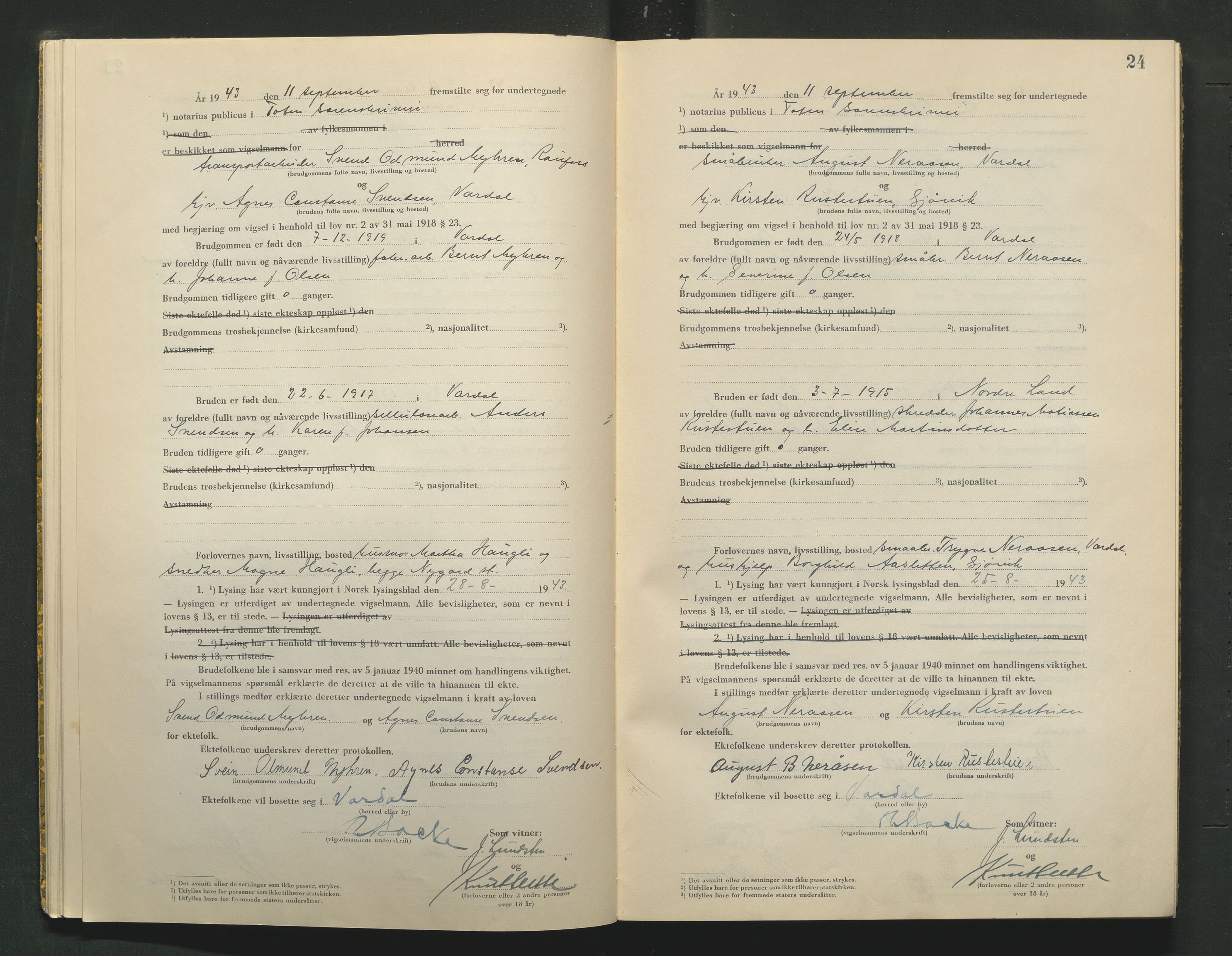 Toten tingrett, AV/SAH-TING-006/L/Lc/L0003: Vigselbok, 1943-1944, p. 24