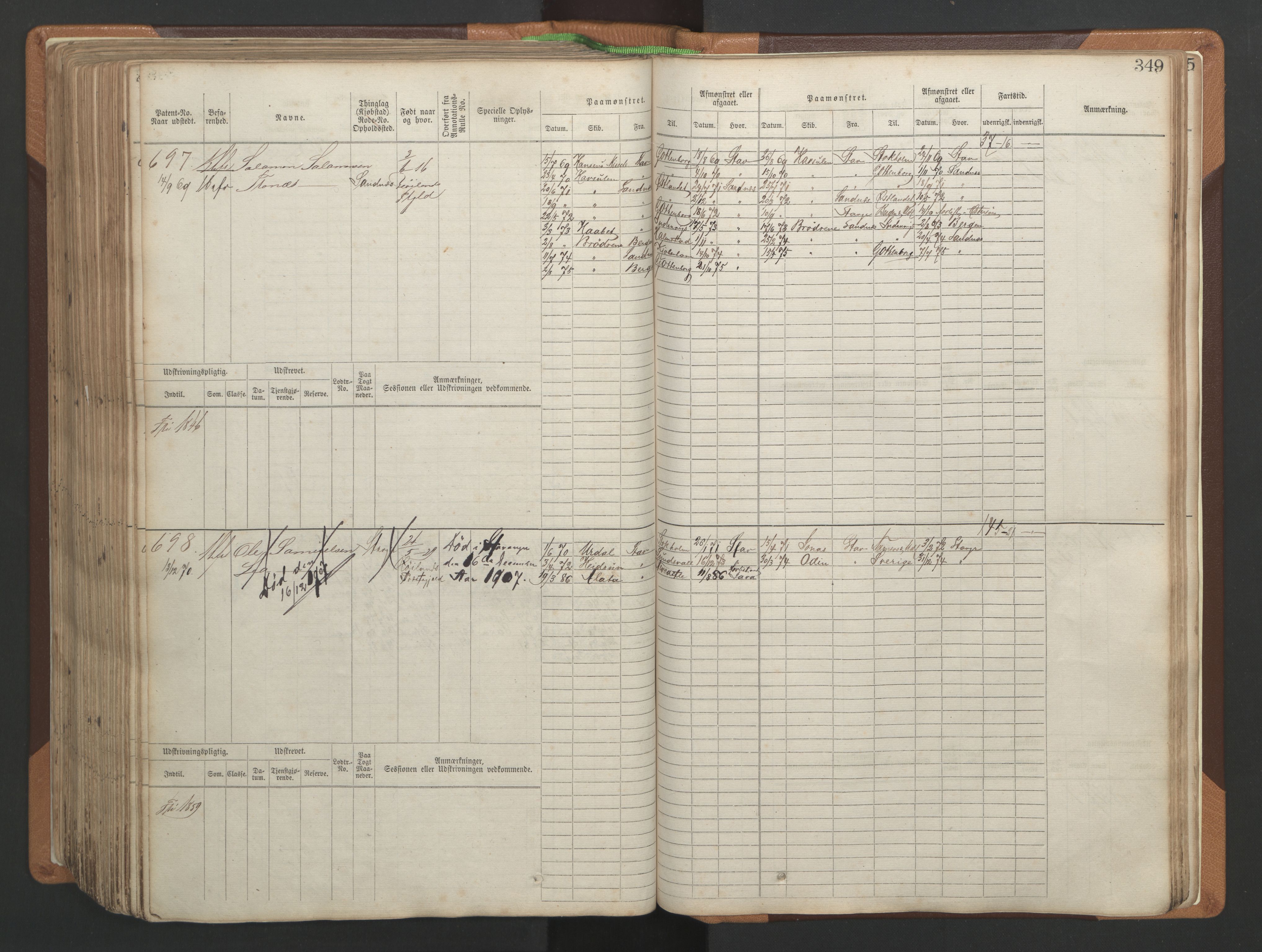 Stavanger sjømannskontor, AV/SAST-A-102006/F/Fb/Fbb/L0004: Sjøfartshovedrulle, patentnr. 1-792 (del 1), 1869-1880, p. 355