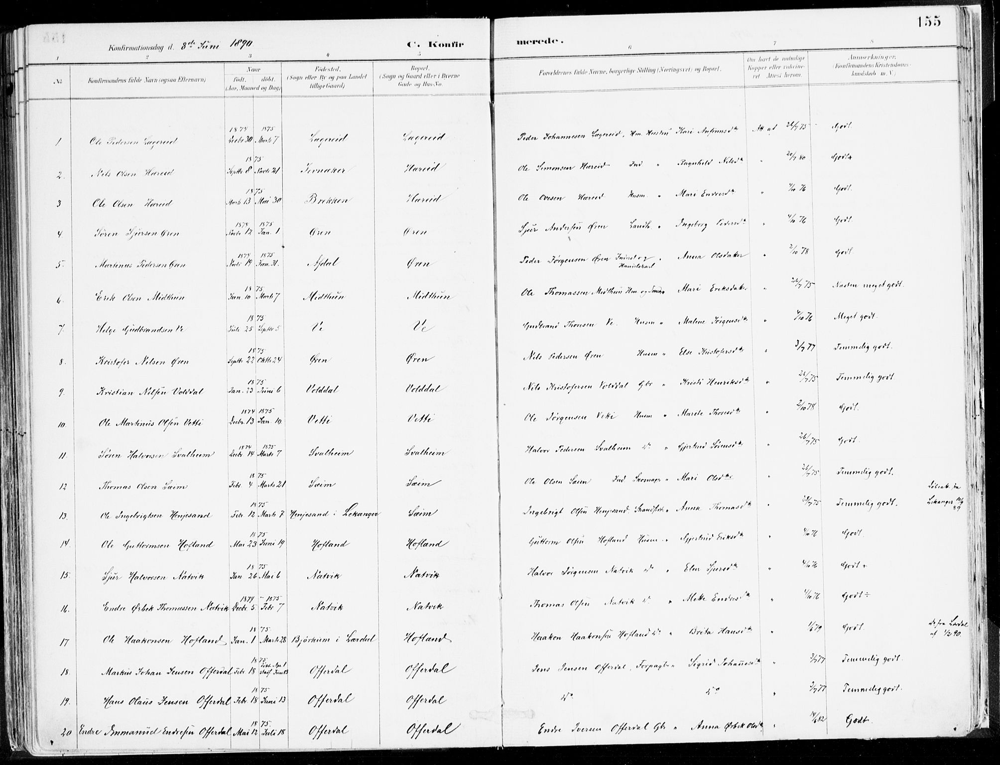 Årdal sokneprestembete, SAB/A-81701: Parish register (official) no. A 5, 1887-1917, p. 155