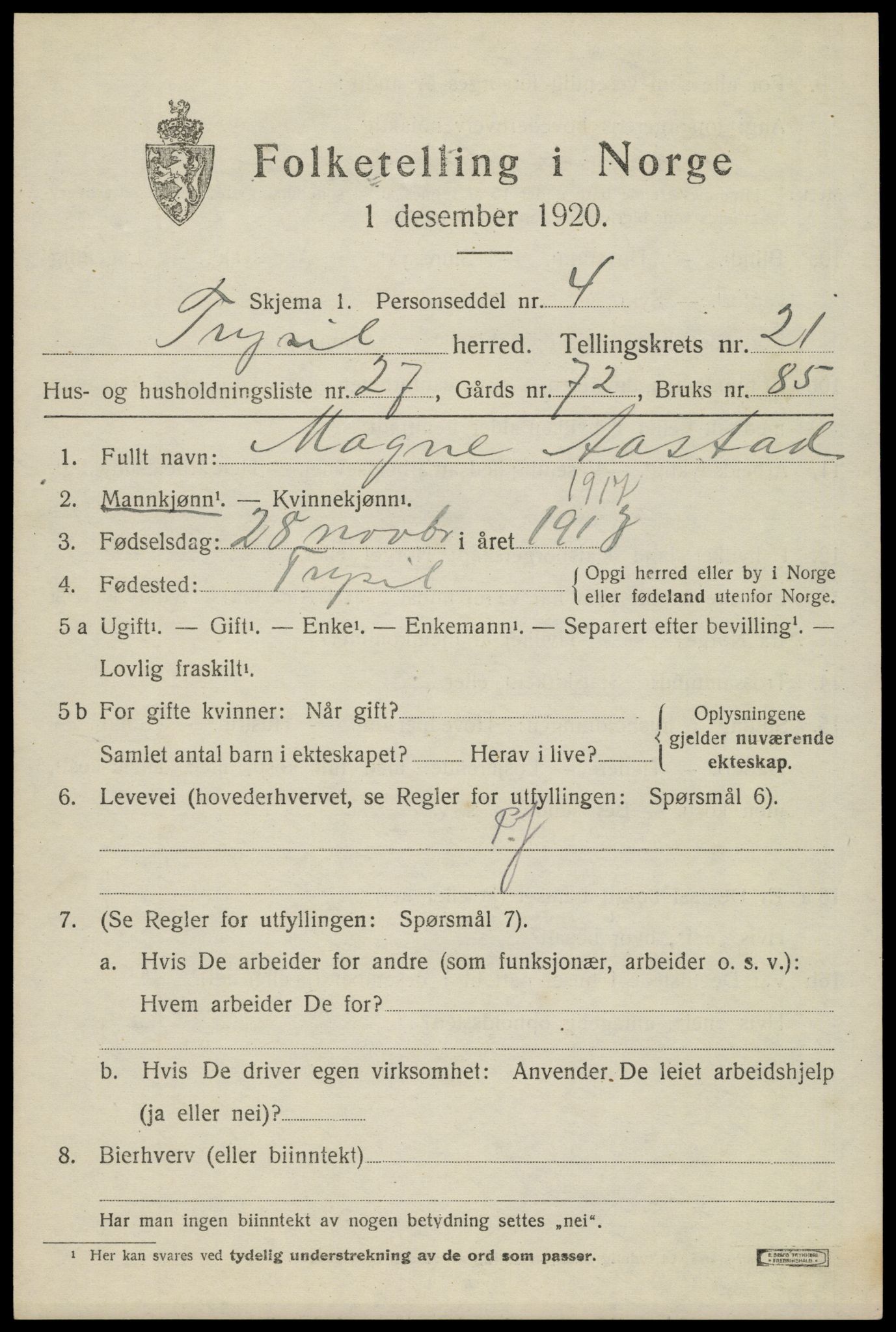 SAH, 1920 census for Trysil, 1920, p. 14095