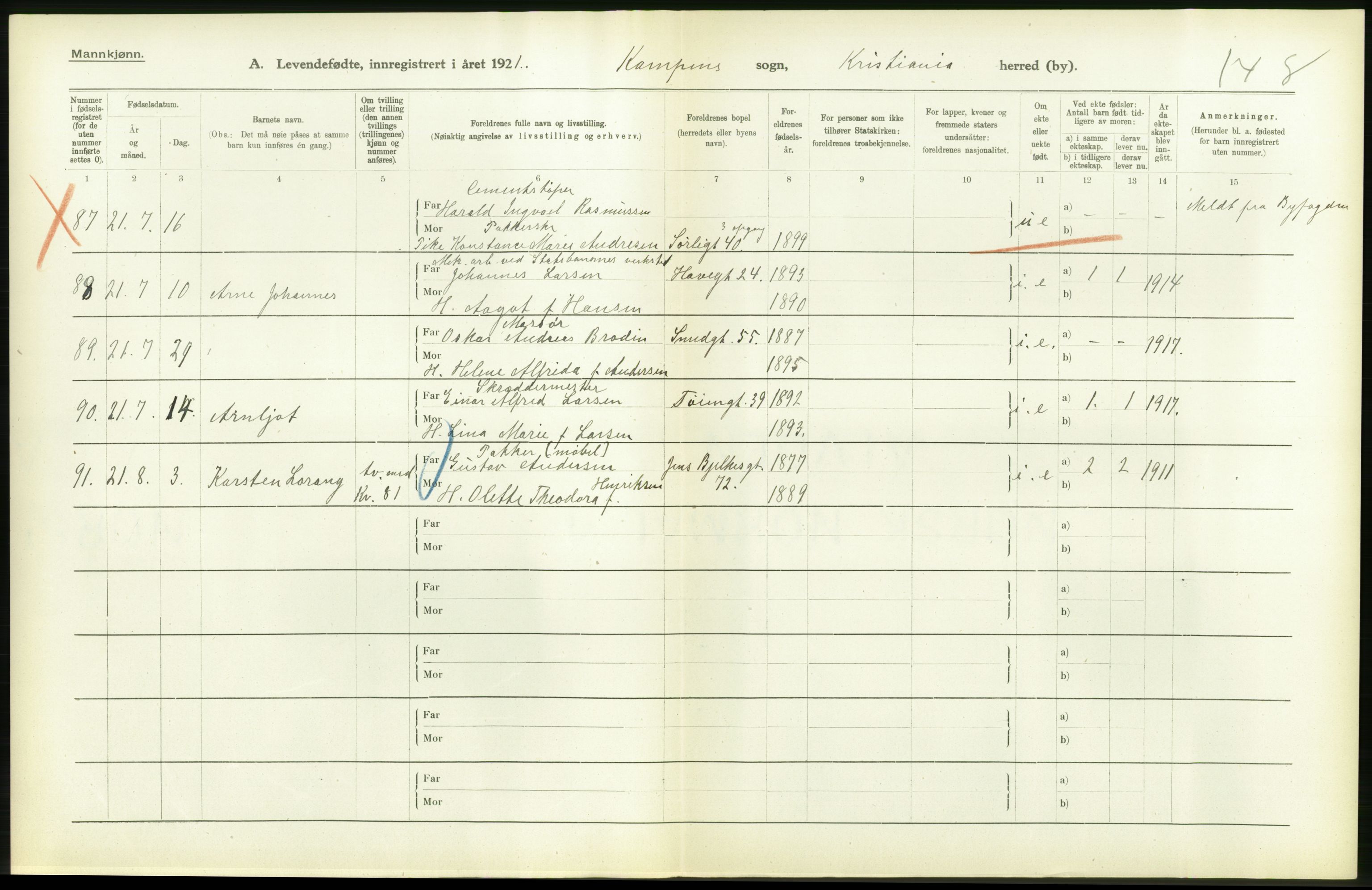 Statistisk sentralbyrå, Sosiodemografiske emner, Befolkning, AV/RA-S-2228/D/Df/Dfc/Dfca/L0009: Kristiania: Levendefødte menn og kvinner., 1921, p. 106