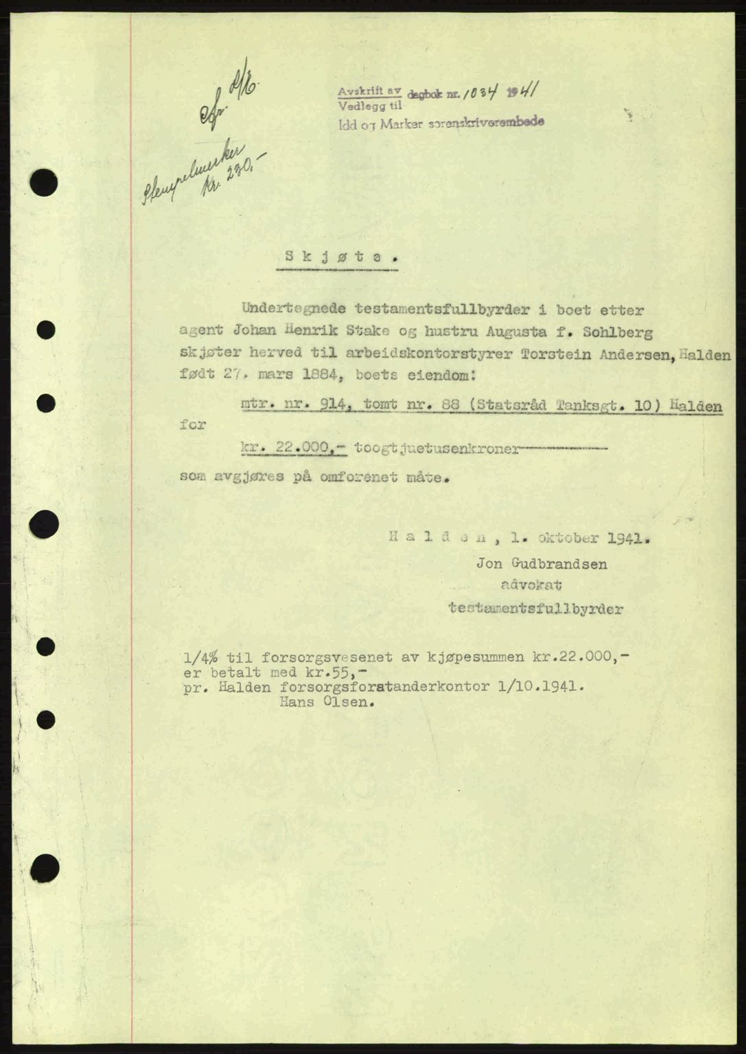 Idd og Marker sorenskriveri, AV/SAO-A-10283/G/Gb/Gbb/L0004: Mortgage book no. A4, 1940-1941, Diary no: : 1034/1941