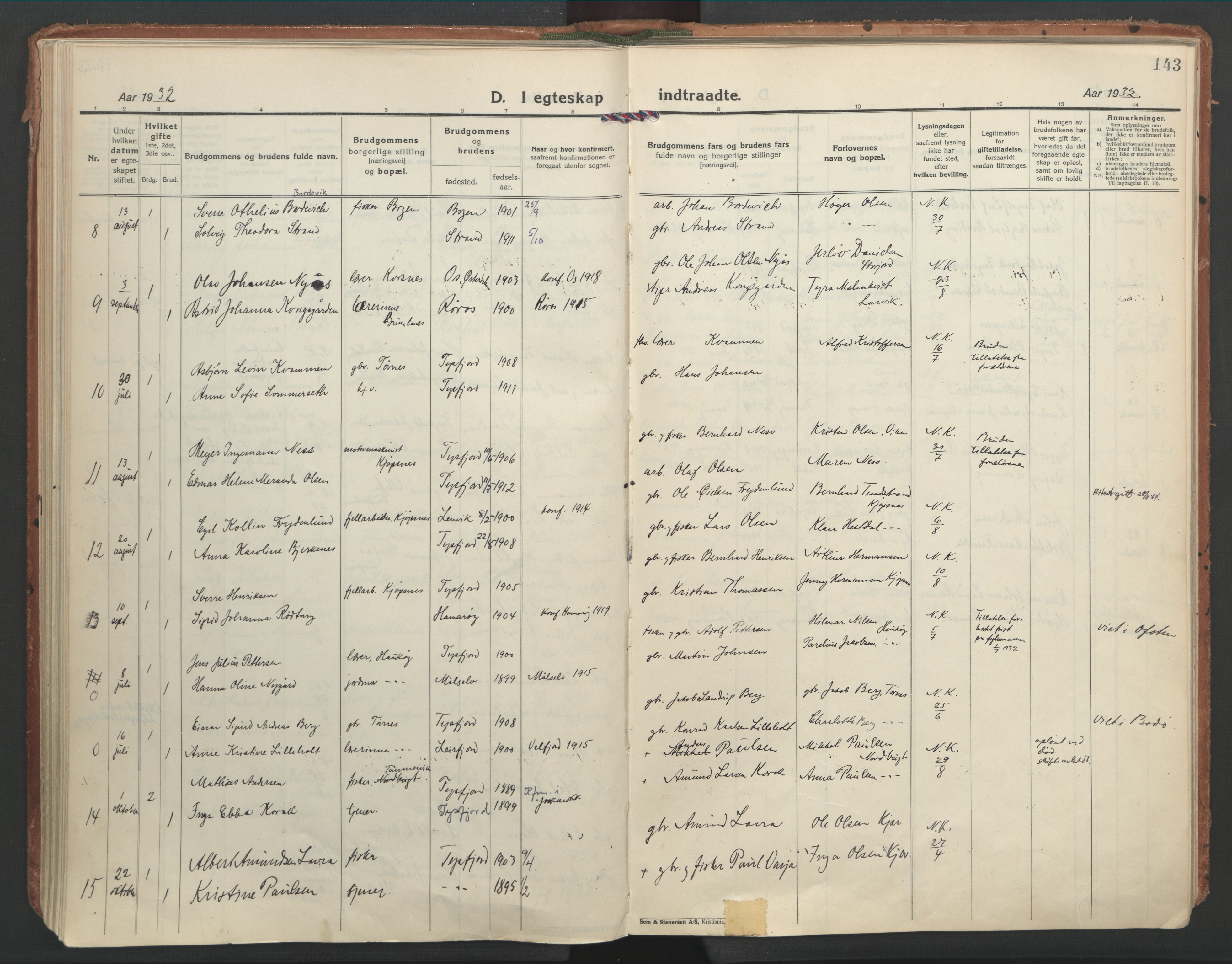 Ministerialprotokoller, klokkerbøker og fødselsregistre - Nordland, AV/SAT-A-1459/861/L0873: Parish register (official) no. 861A08, 1923-1932, p. 143