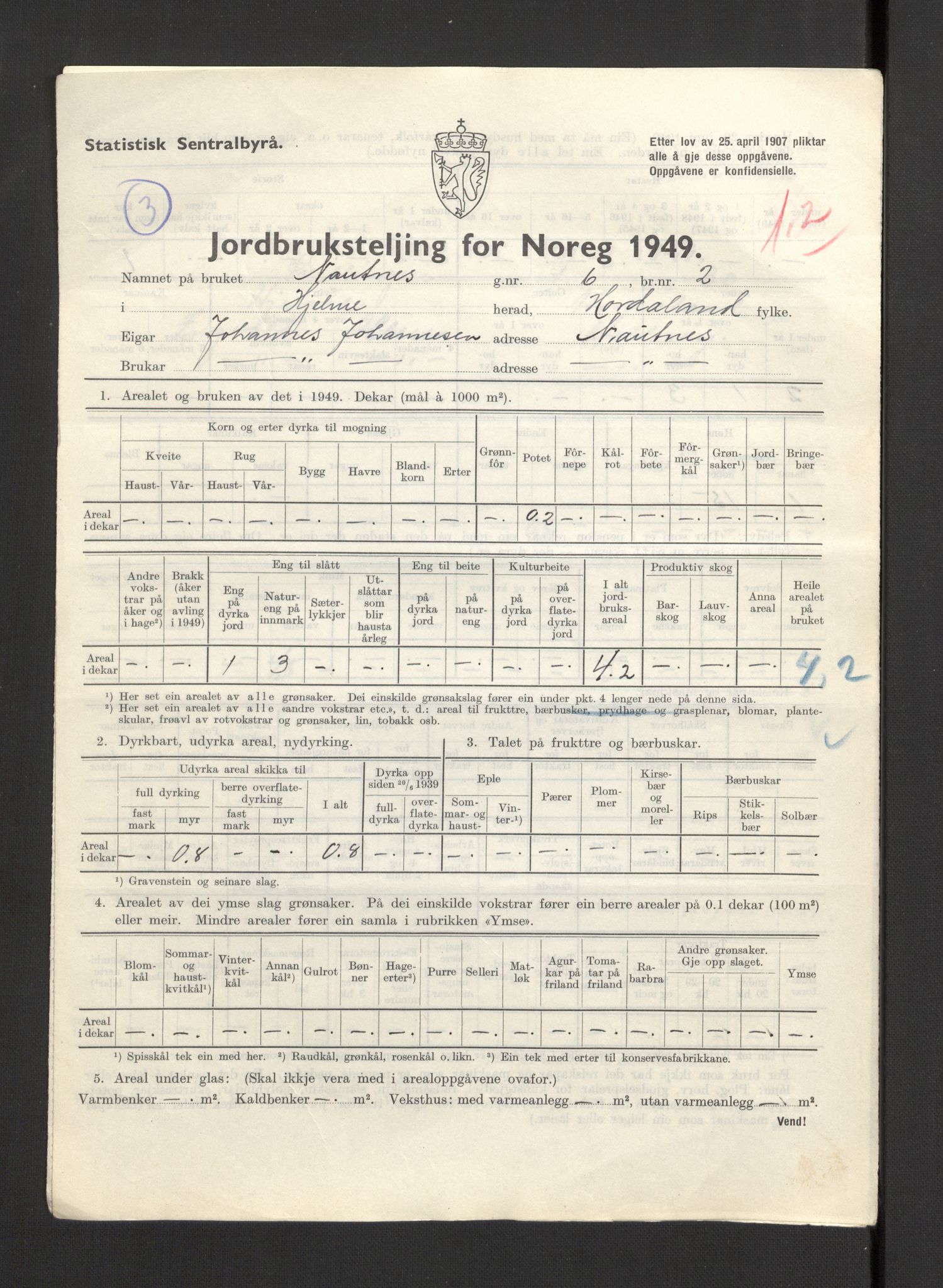 Statistisk sentralbyrå, Næringsøkonomiske emner, Jordbruk, skogbruk, jakt, fiske og fangst, AV/RA-S-2234/G/Gc/L0276: Hordaland: Herdla og Hjelme, 1949, p. 1142