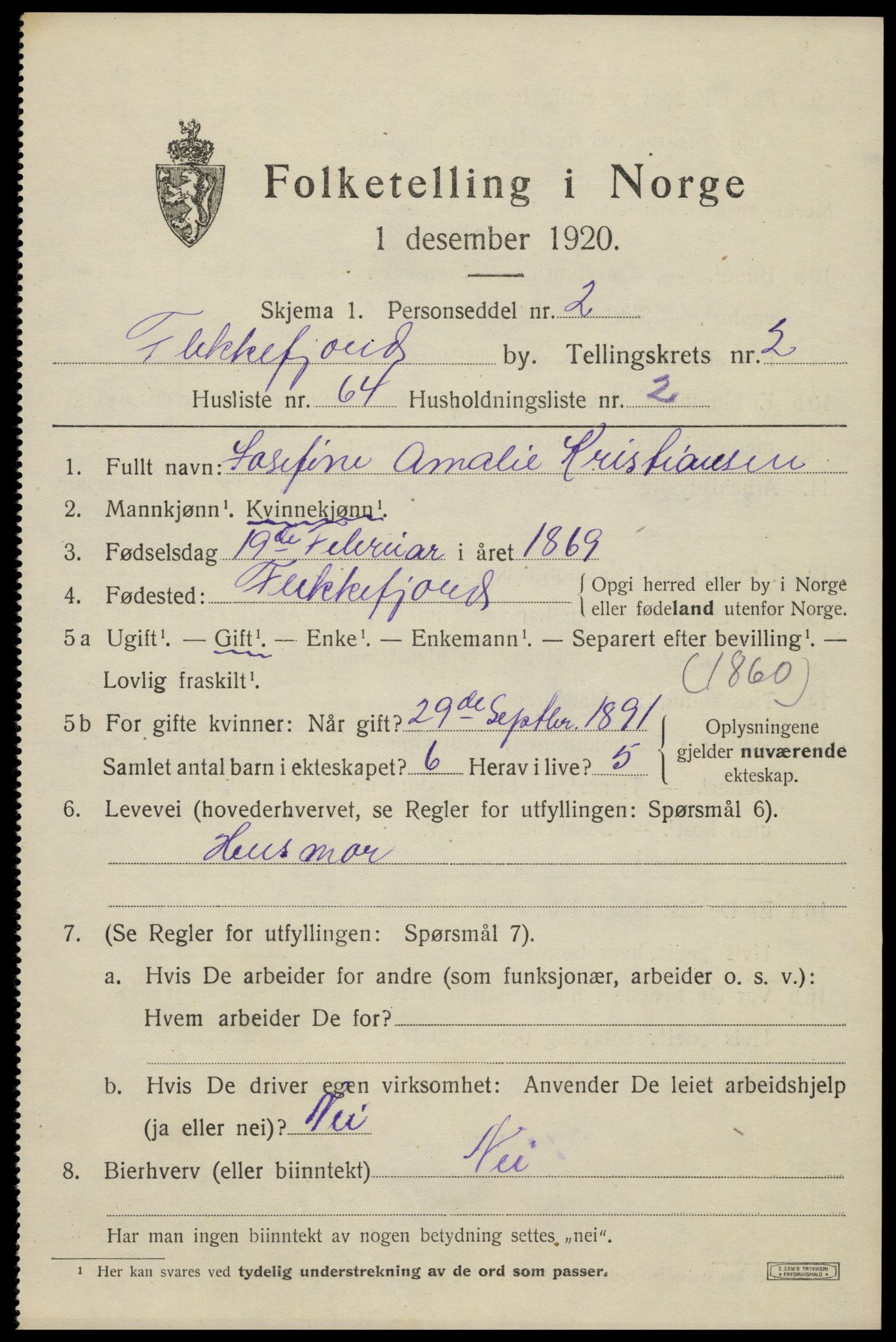 SAK, 1920 census for Flekkefjord, 1920, p. 3264
