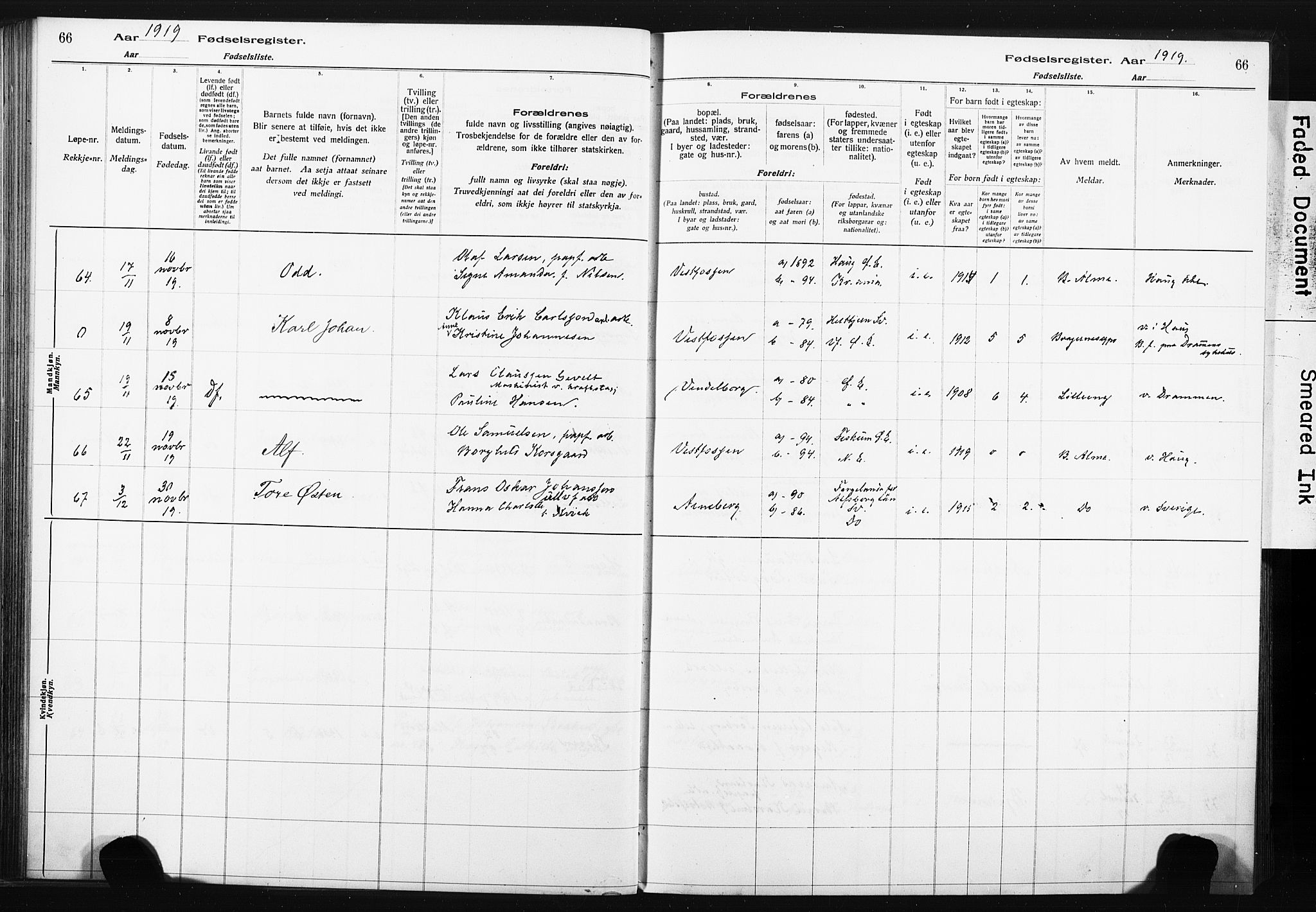 Eiker kirkebøker, AV/SAKO-A-4/J/Ja/L0001: Birth register no. I 1, 1916-1927, p. 66