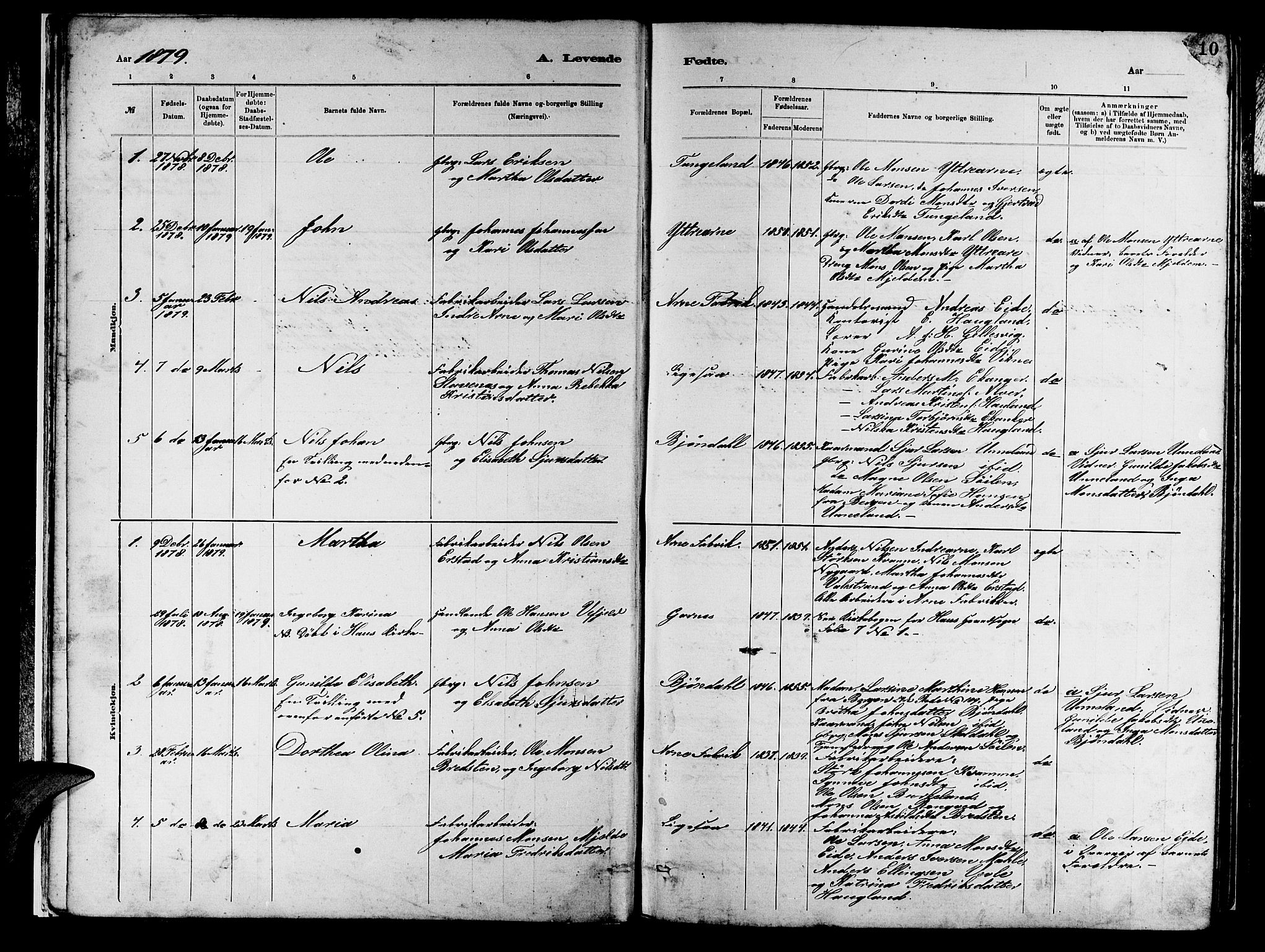 Arna Sokneprestembete, SAB/A-74001/H/Ha/Hab: Parish register (copy) no. A 2, 1878-1887, p. 10