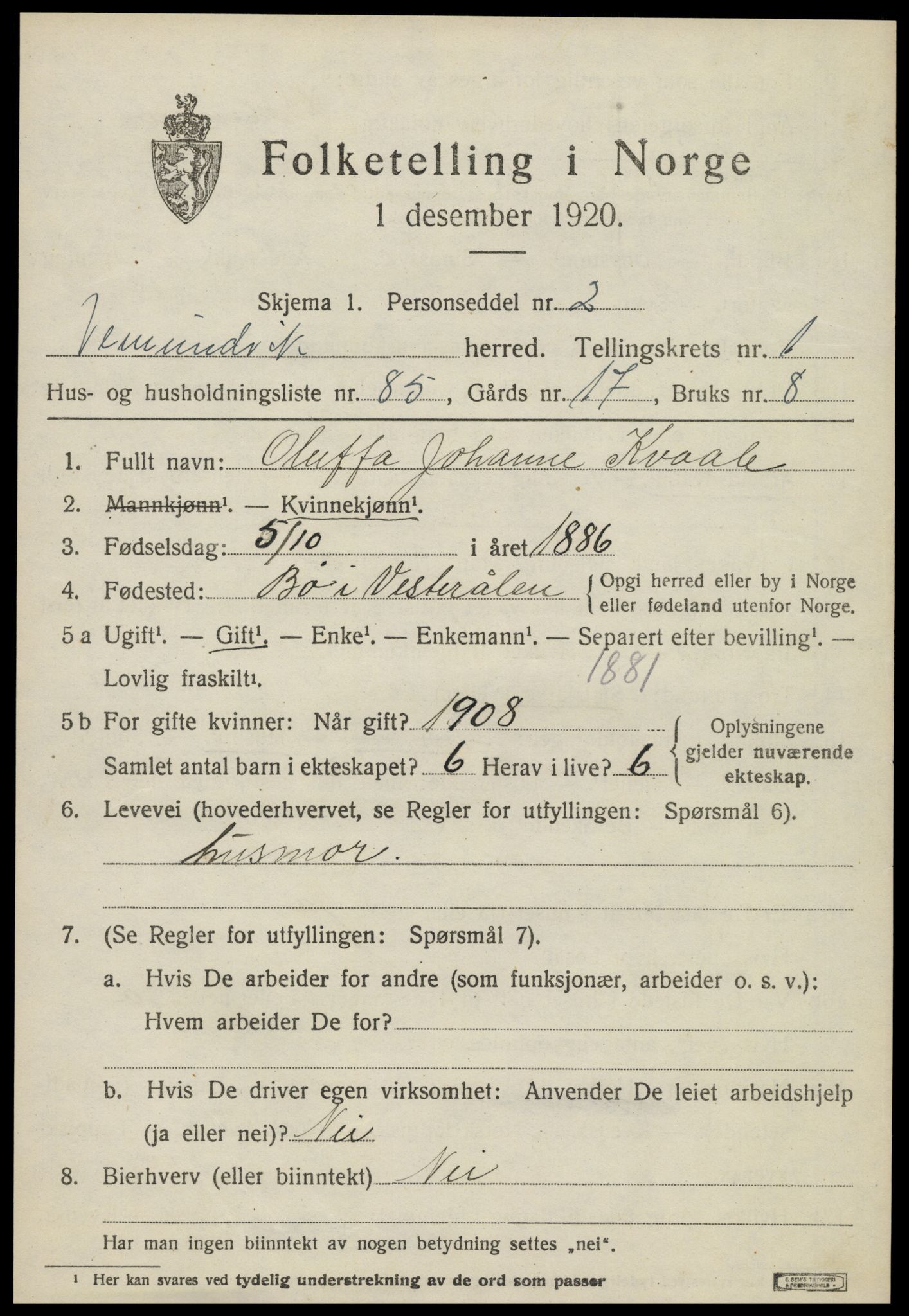 SAT, 1920 census for Vemundvik, 1920, p. 2243