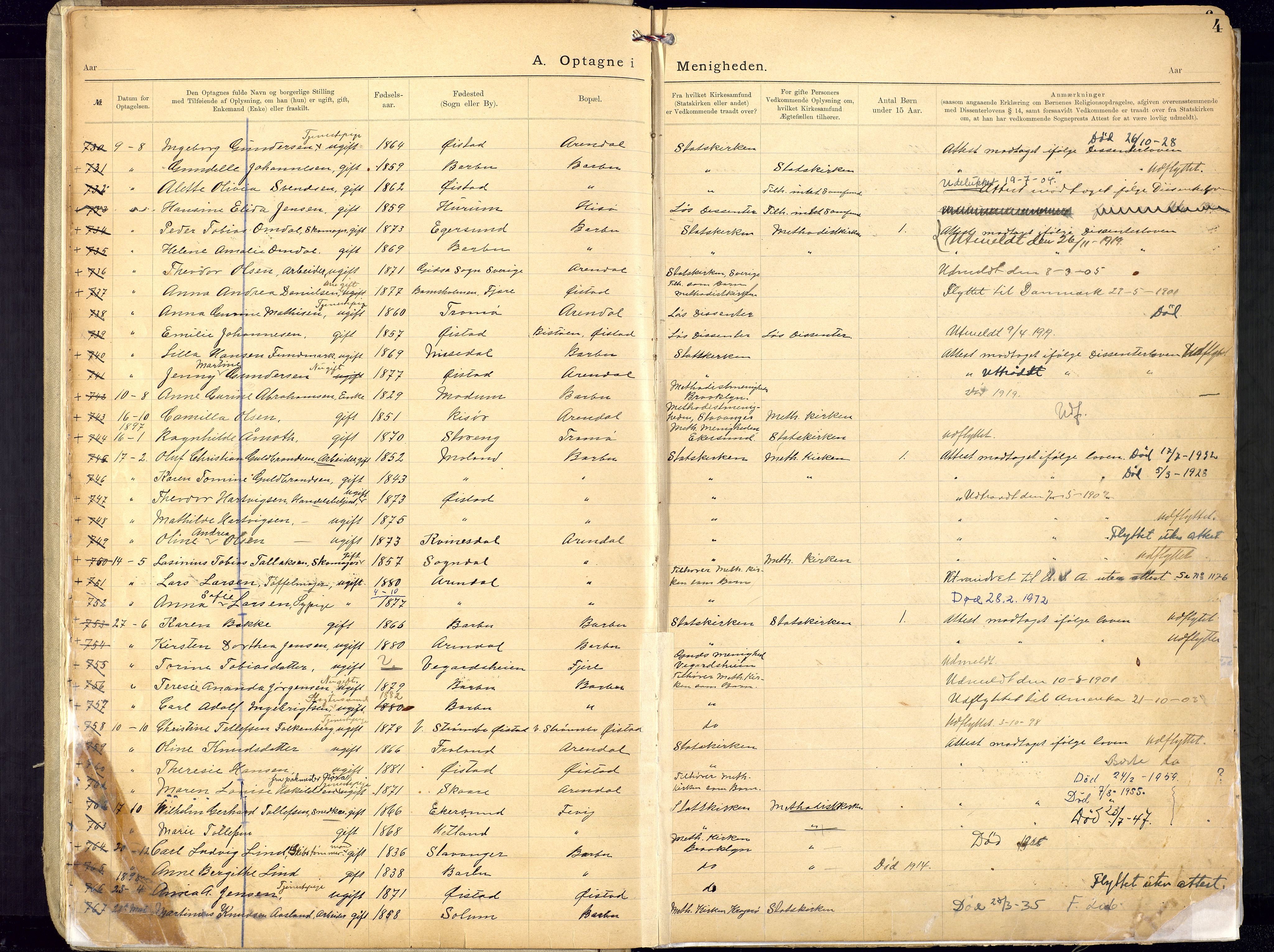 Metodistmenigheten, Arendal, SAK/1292-0011/F/Fa/L0005: Dissenter register no. 5, 1892-1942, p. 4