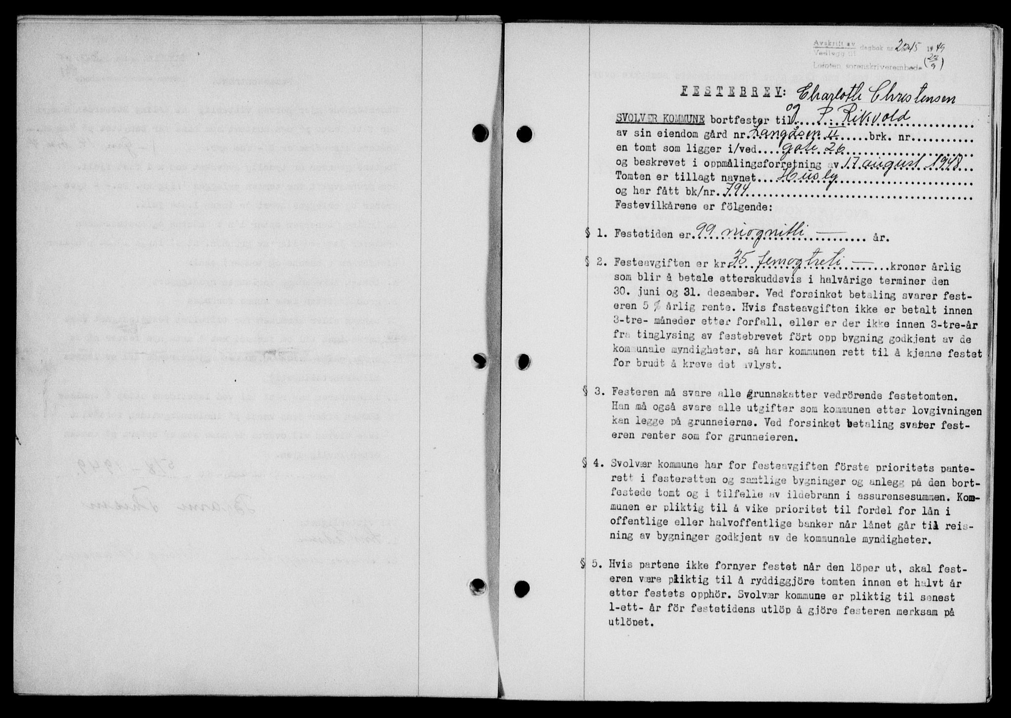 Lofoten sorenskriveri, SAT/A-0017/1/2/2C/L0021a: Mortgage book no. 21a, 1949-1949, Diary no: : 2245/1949