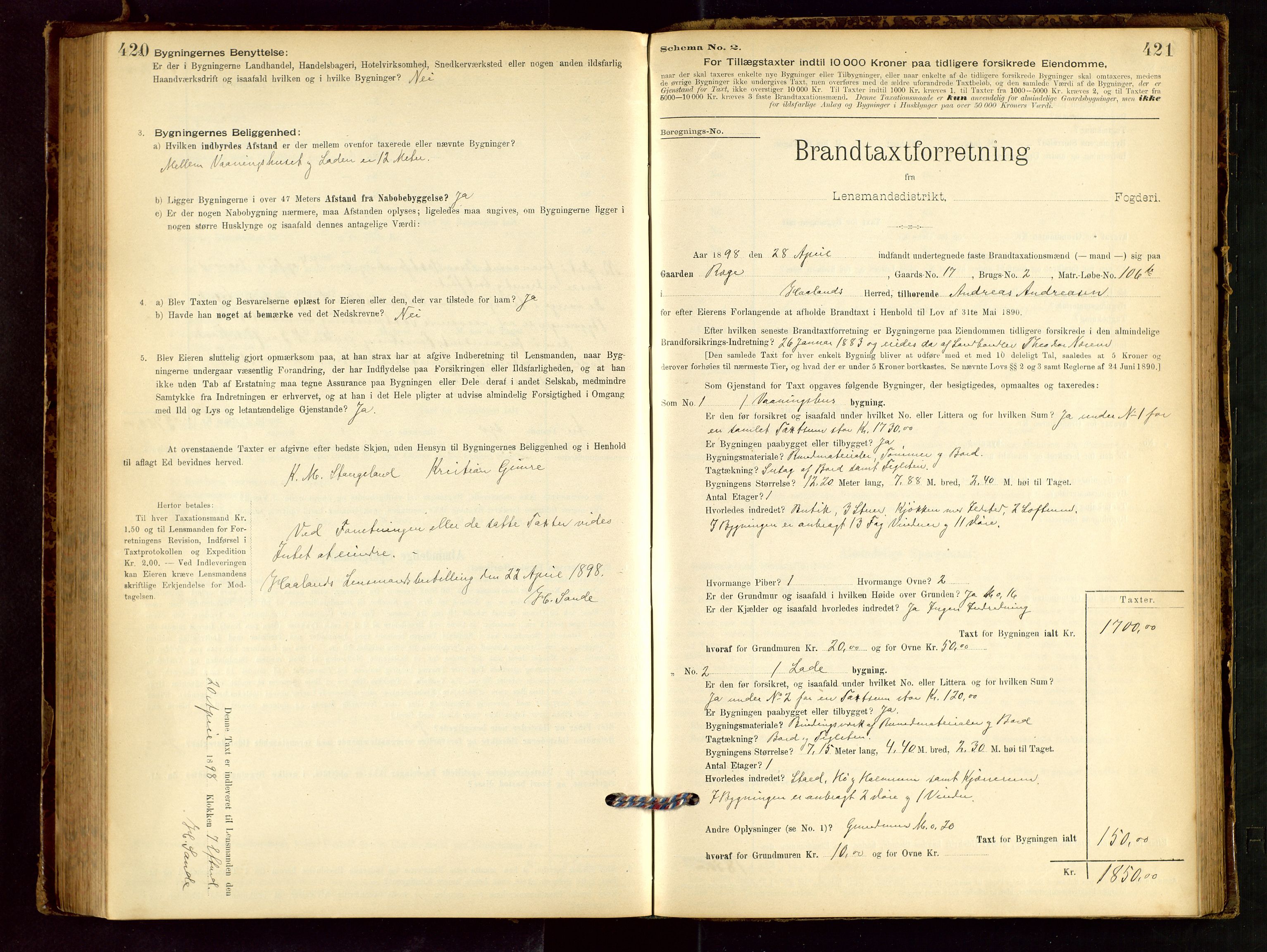 Håland lensmannskontor, SAST/A-100100/Gob/L0001: Branntakstprotokoll - skjematakst. Register i boken., 1894-1902, p. 420-421